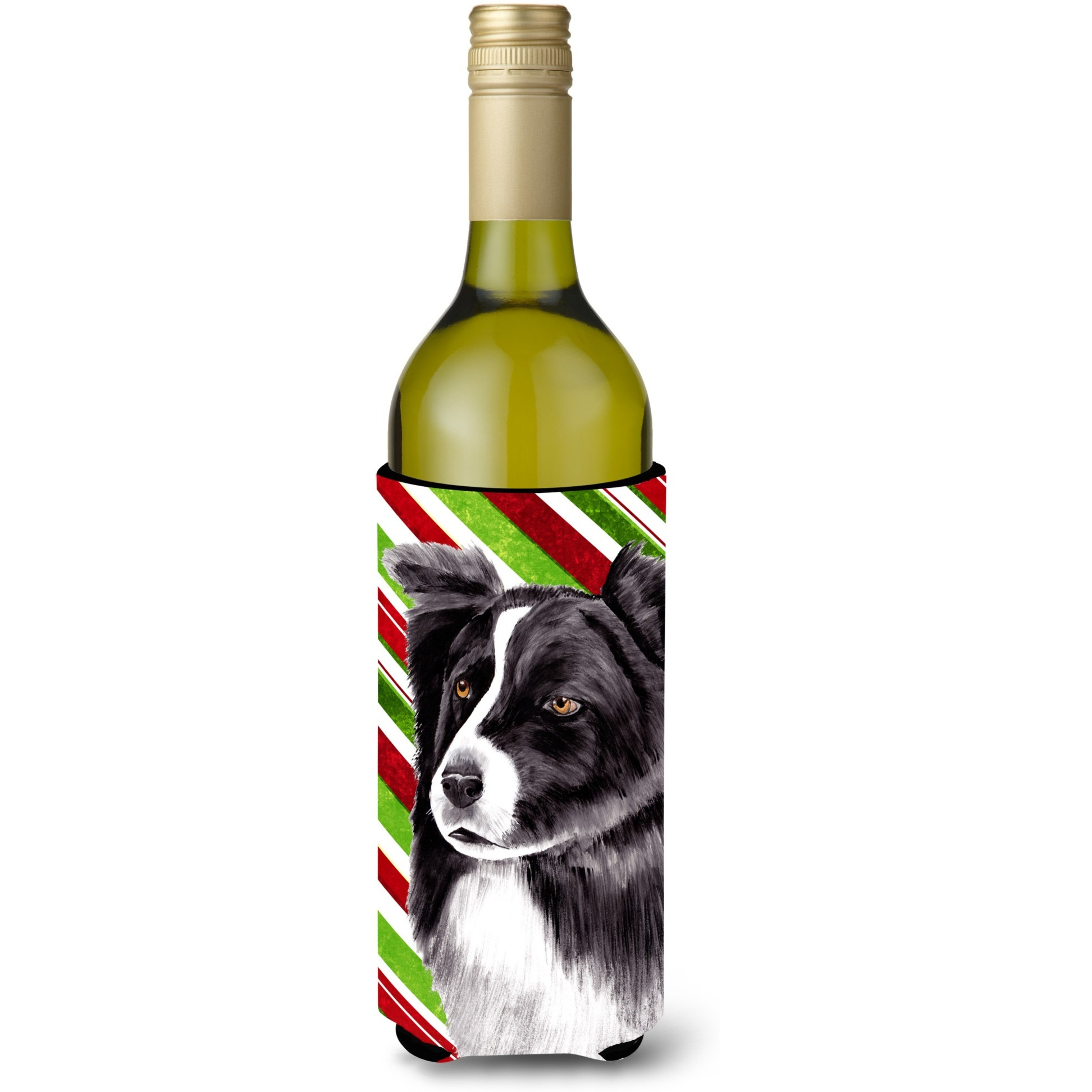 Border Collie Candy Cane Holiday Christmas Wine Bottle Beverage Insulator Beverage Insulator Hugger