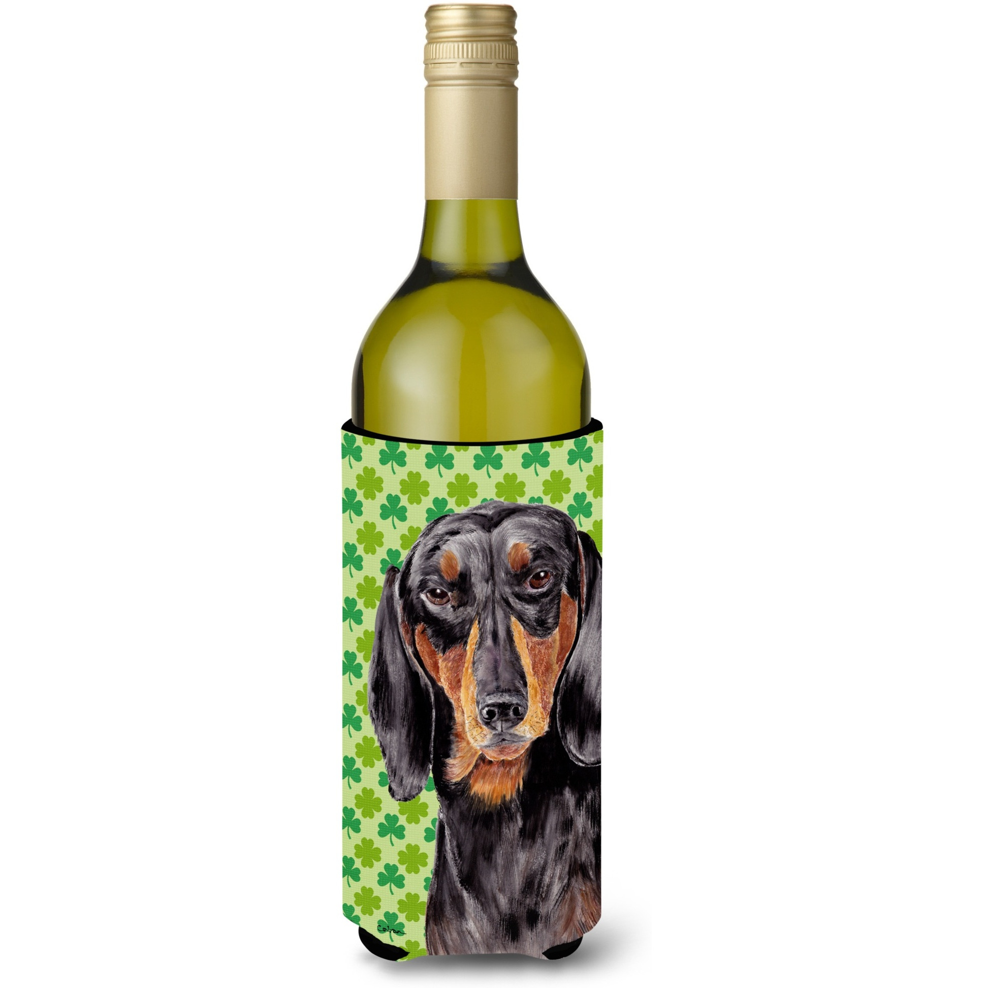 Dachshund St. Patrick's Day Shamrock Portrait Wine Bottle Beverage Insulator Beverage Insulator Hugger