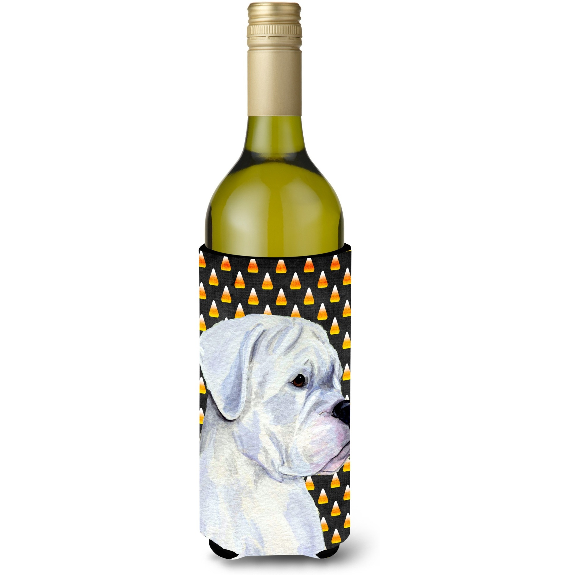Boxer White Candy Corn Halloween Portrait Wine Bottle Beverage Insulator Beverage Insulator Hugger