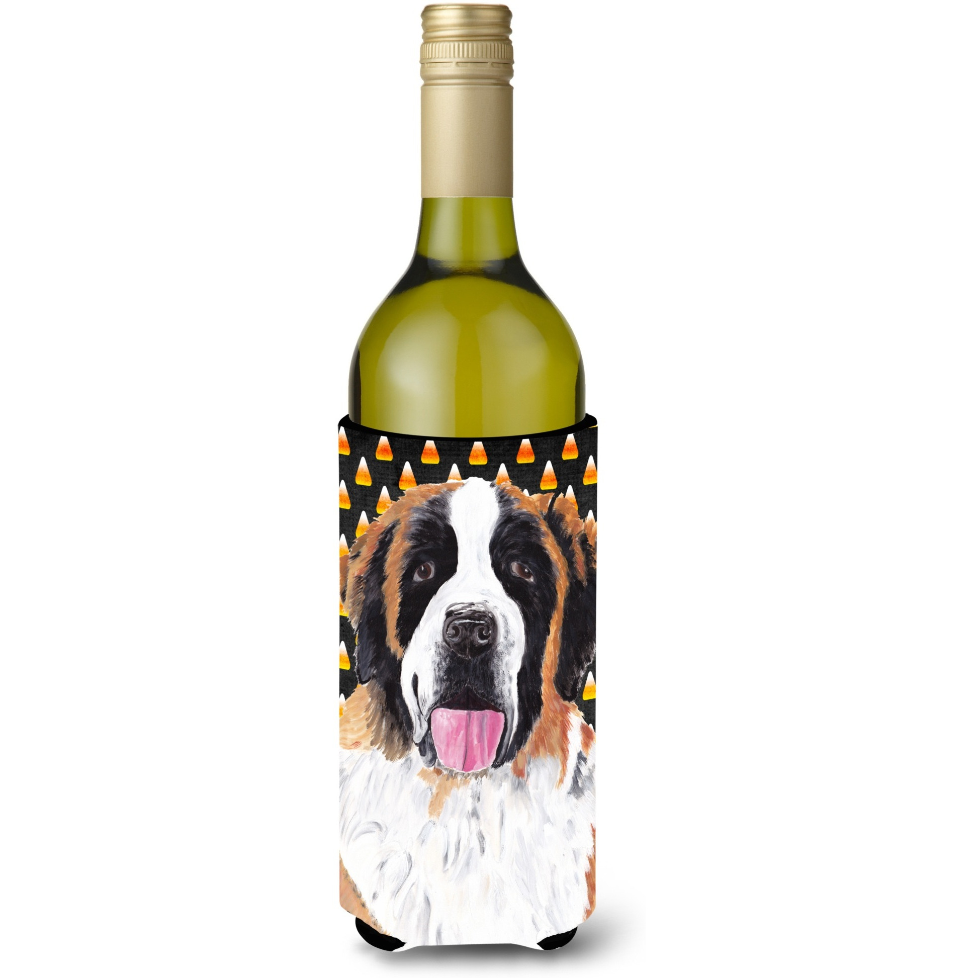 Saint Bernard Candy Corn Halloween Portrait Wine Bottle Beverage Insulator Beverage Insulator Hugger
