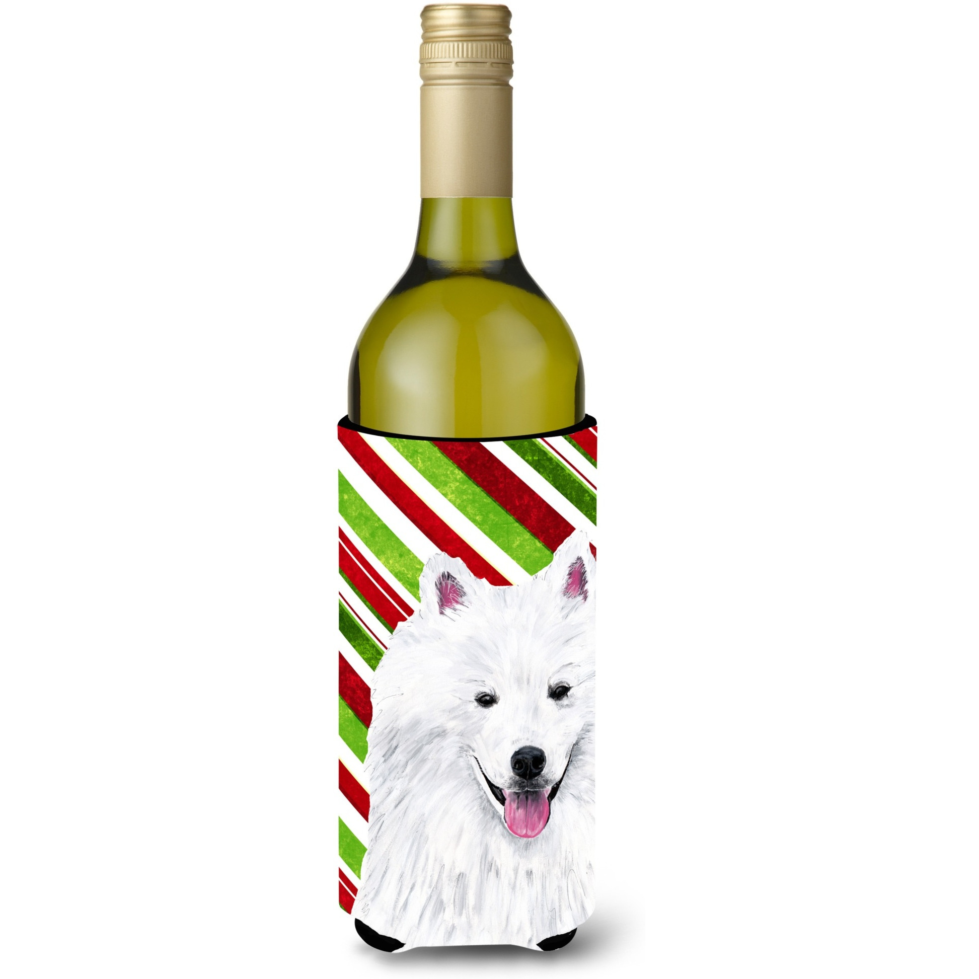 American Eskimo Candy Cane Holiday Christmas Wine Bottle Beverage Insulator Beverage Insulator Hugger