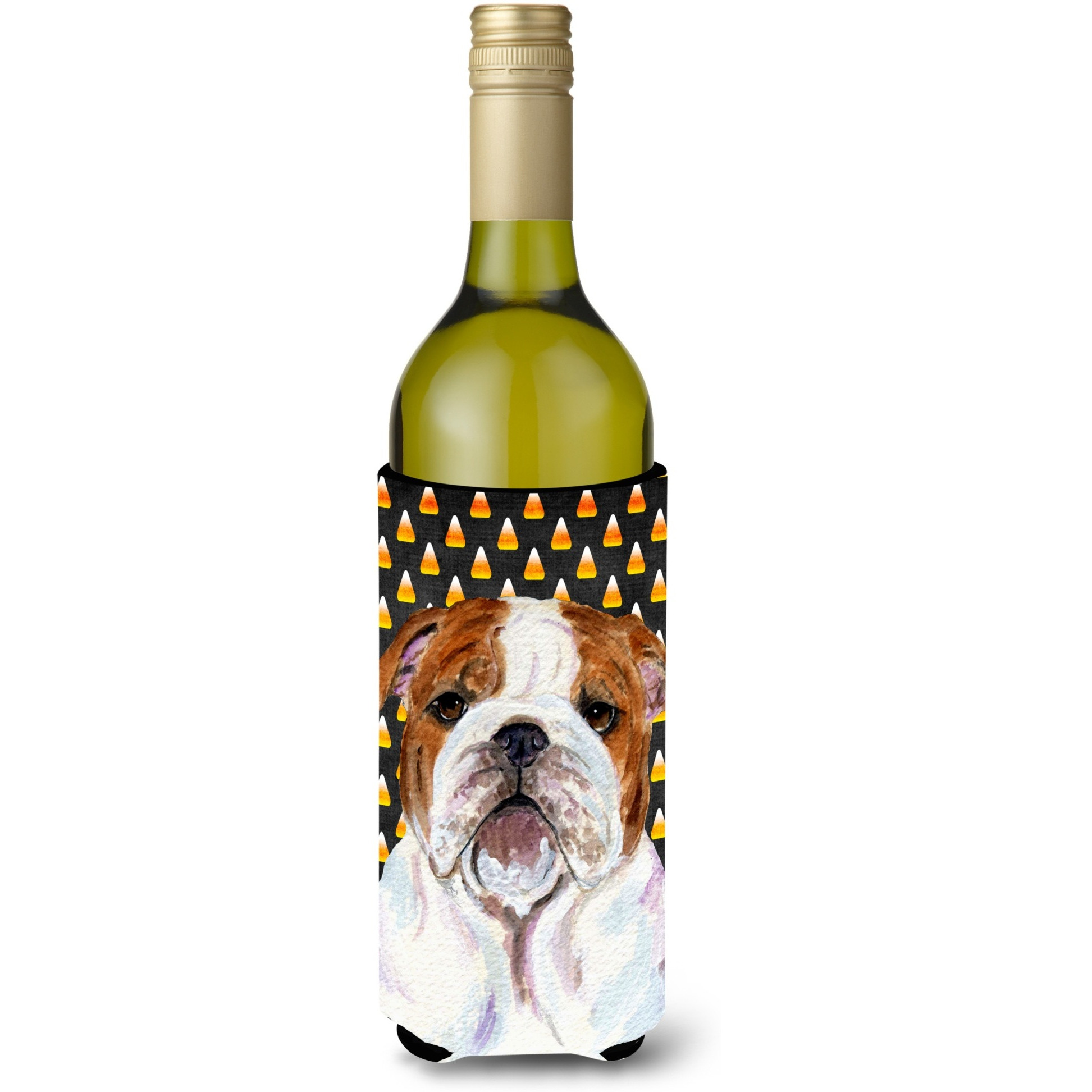 Bulldog English Candy Corn Halloween Portrait Wine Bottle Beverage Insulator Beverage Insulator Hugger