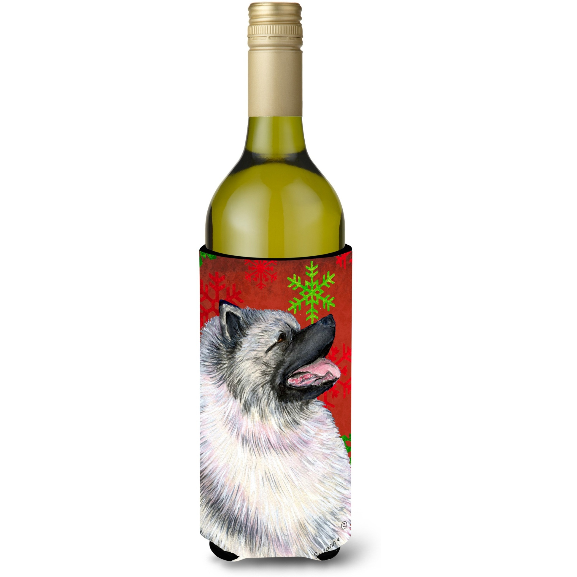 Keeshond Red and Green Snowflakes Holiday Christmas Wine Bottle Beverage Insulator Beverage Insulator Hugger