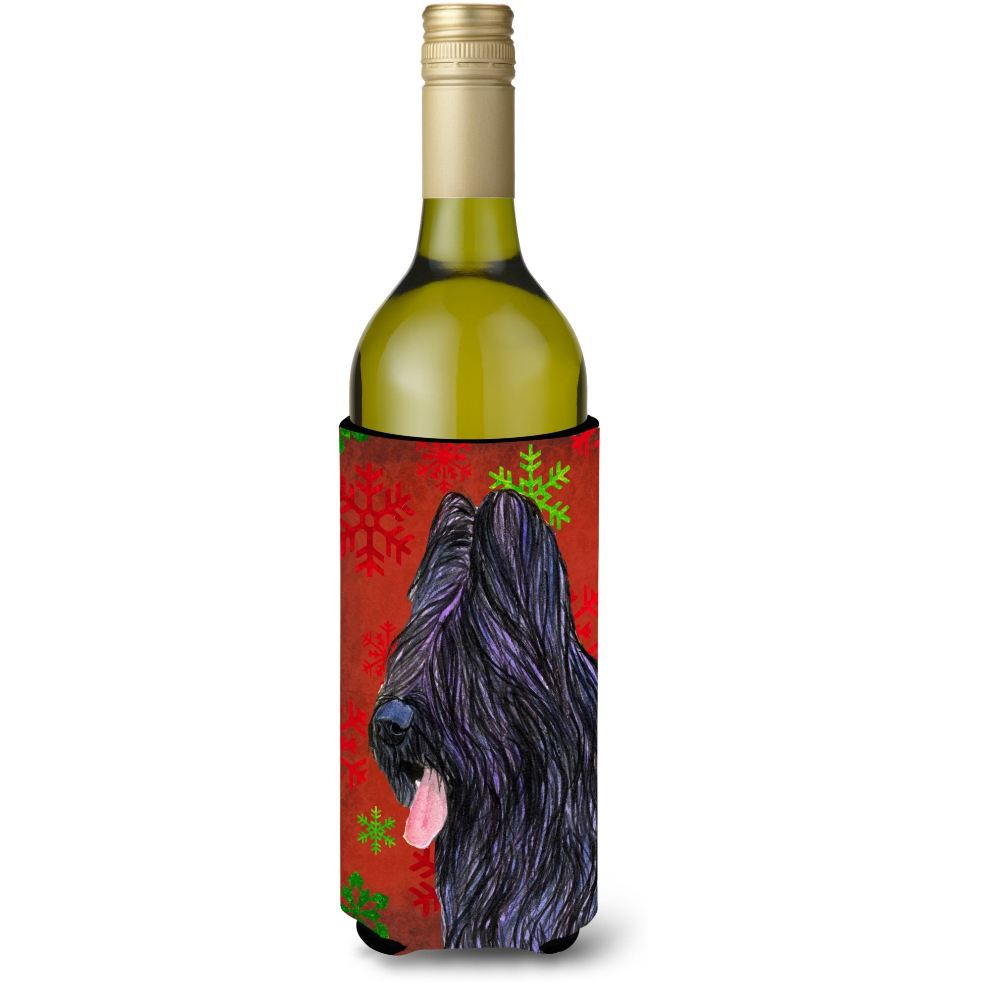 Briard Red and Green Snowflakes Holiday Christmas Wine Bottle Beverage Insulator Beverage Insulator Hugger