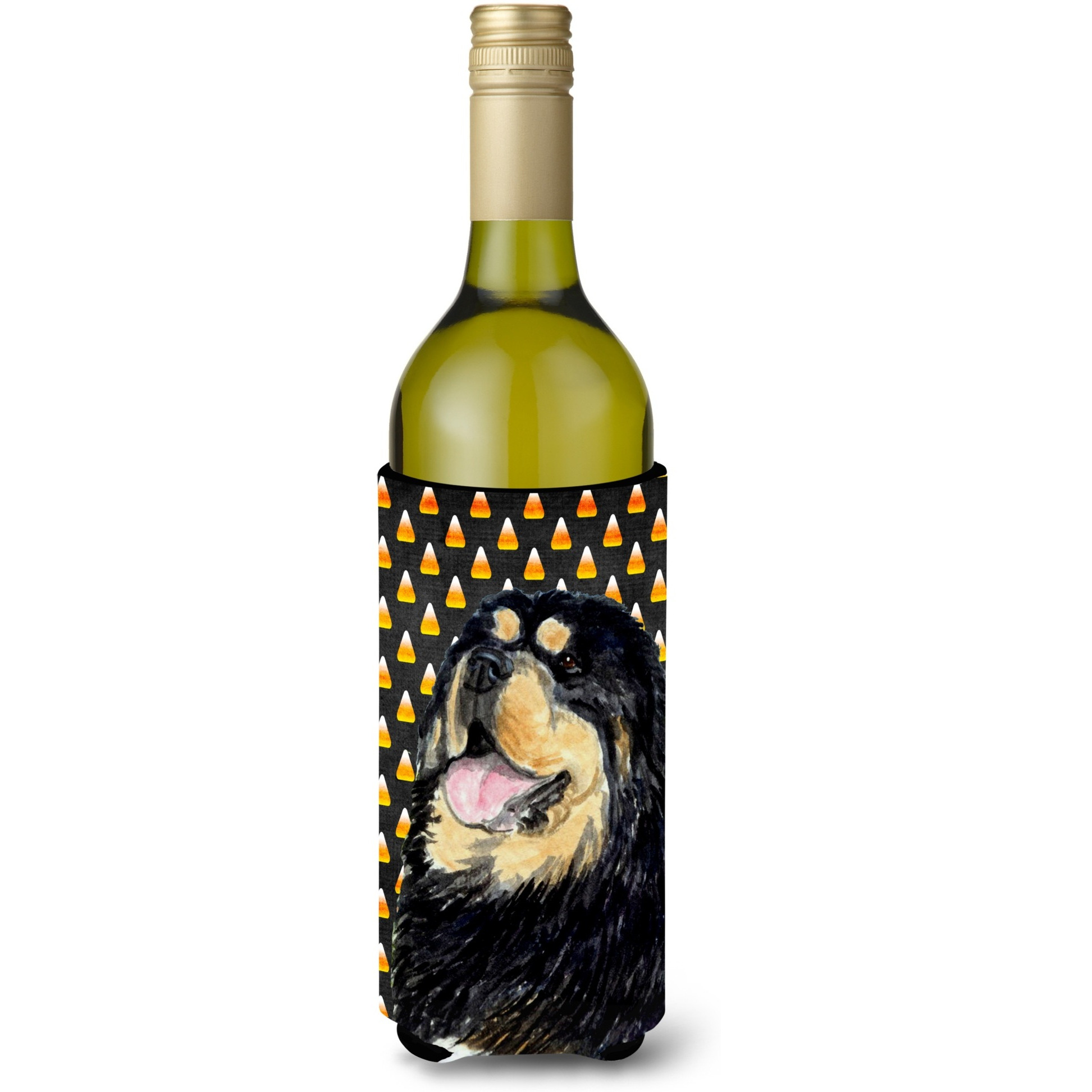 Tibetan Mastiff Candy Corn Halloween Portrait Wine Bottle Beverage Insulator Beverage Insulator Hugger