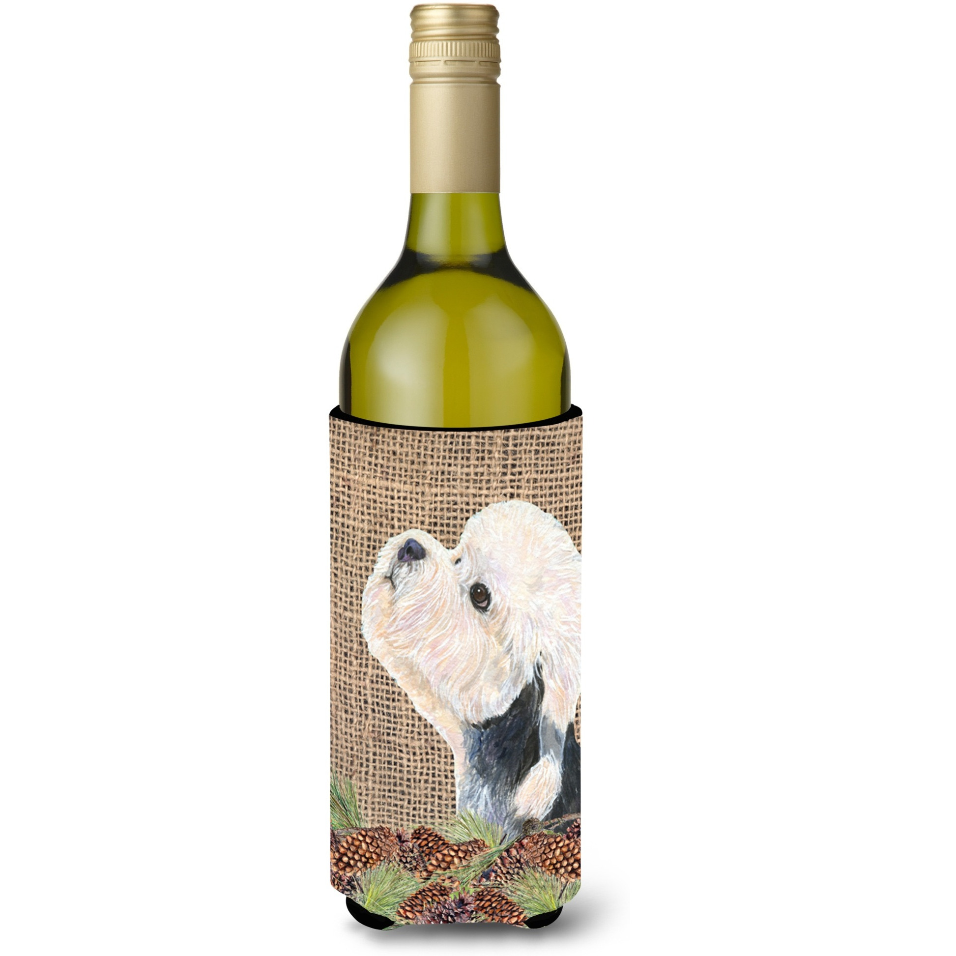 Dandie Dinmont Terrier on Faux Burlap with Pine Cones Wine Bottle Beverage Insulator Beverage Insulator Hugger