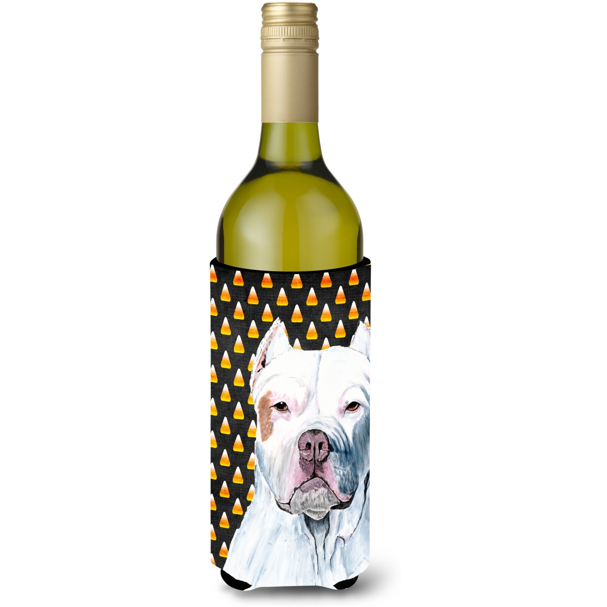 Pit Bull Candy Corn Halloween Portrait Wine Bottle Beverage Insulator Beverage Insulator Hugger