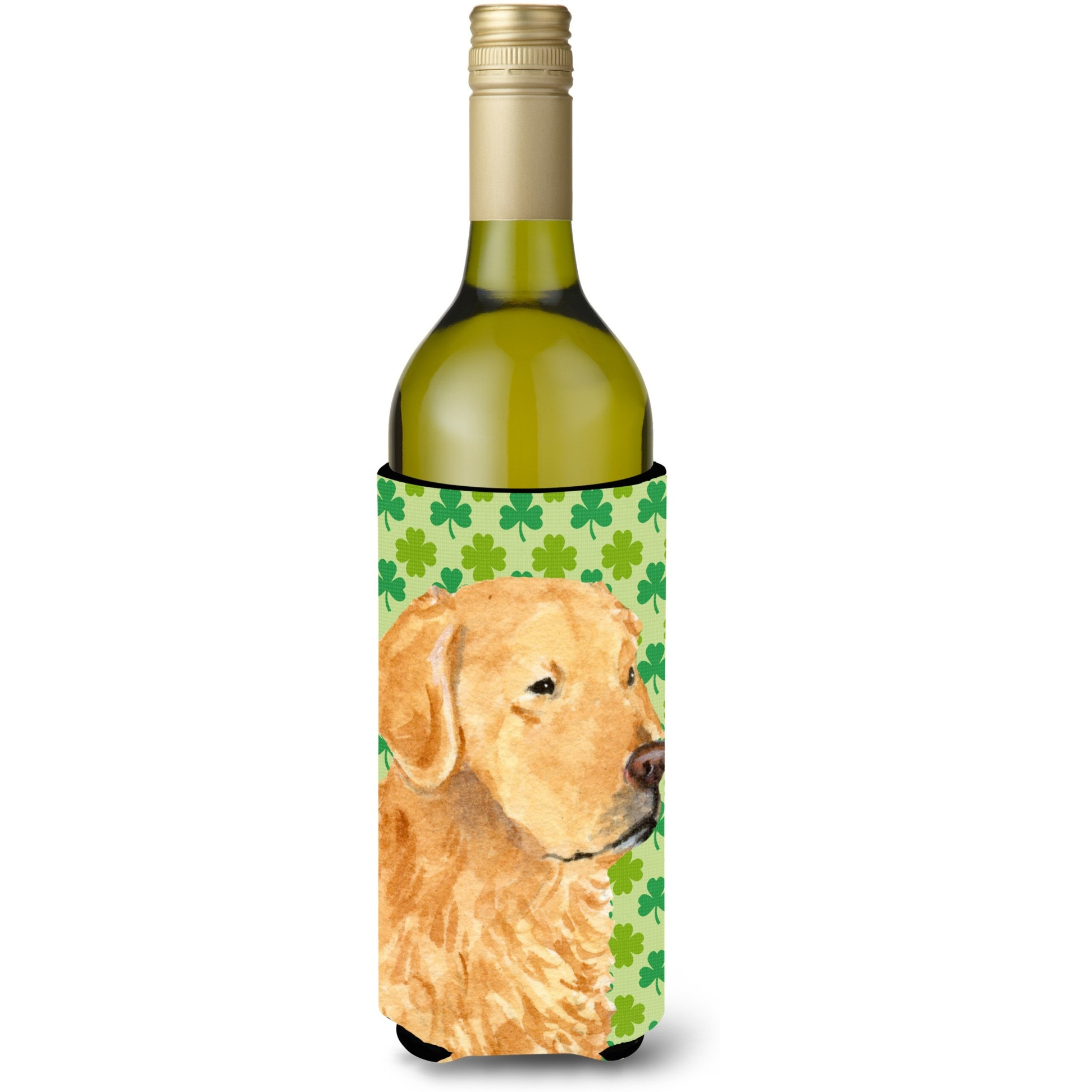 Golden Retriever St. Patrick's Day Shamrock Portrait Wine Bottle Beverage Insulator Beverage Insulator Hugger
