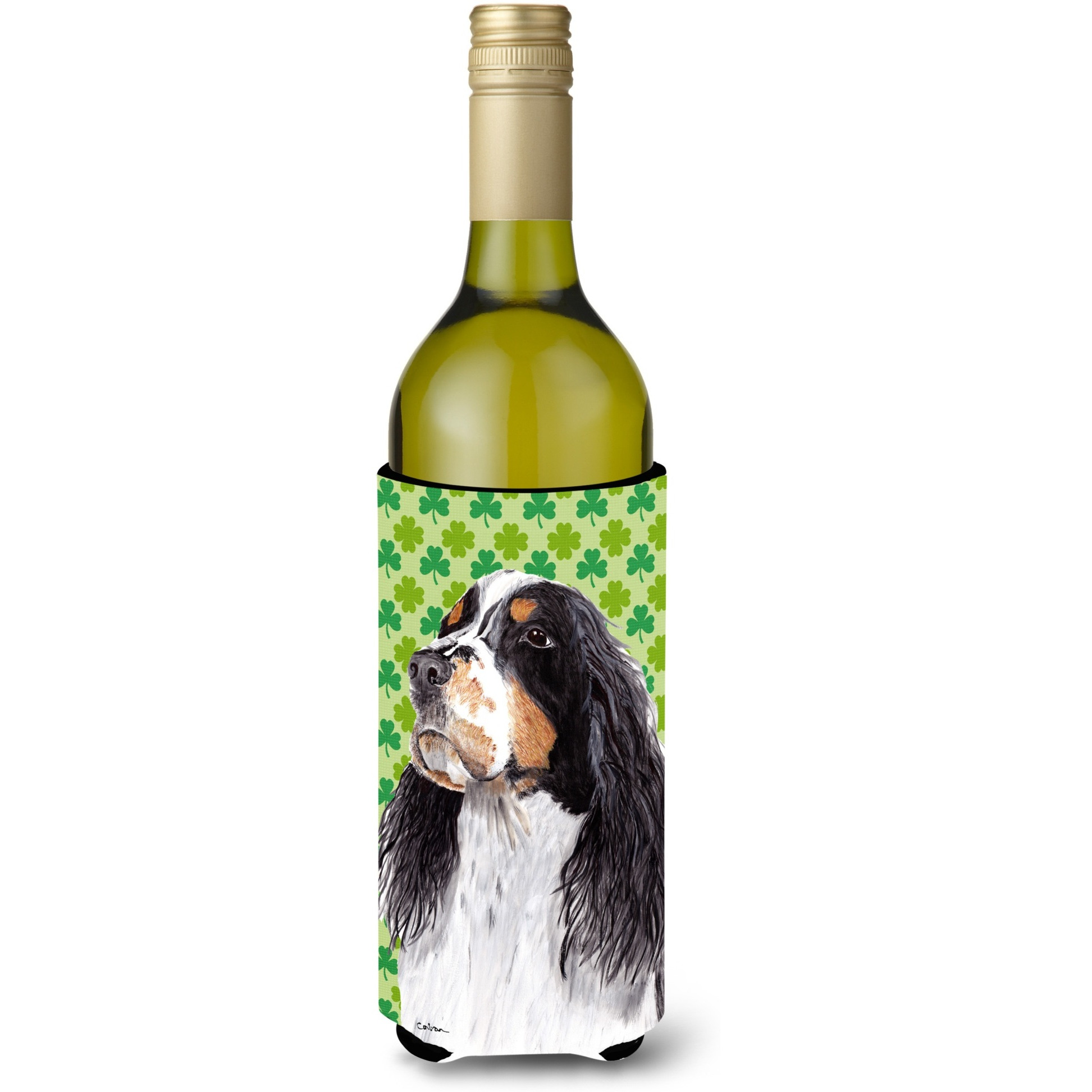 Springer Spaniel St. Patrick's Day Shamrock Portrait Wine Bottle Beverage Insulator Beverage Insulator Hugger