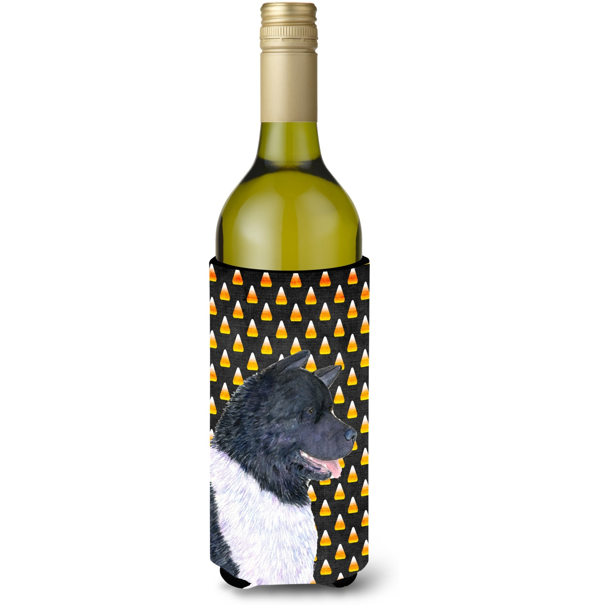 Akita Candy Corn Halloween Portrait Wine Bottle Beverage Insulator Beverage Insulator Hugger