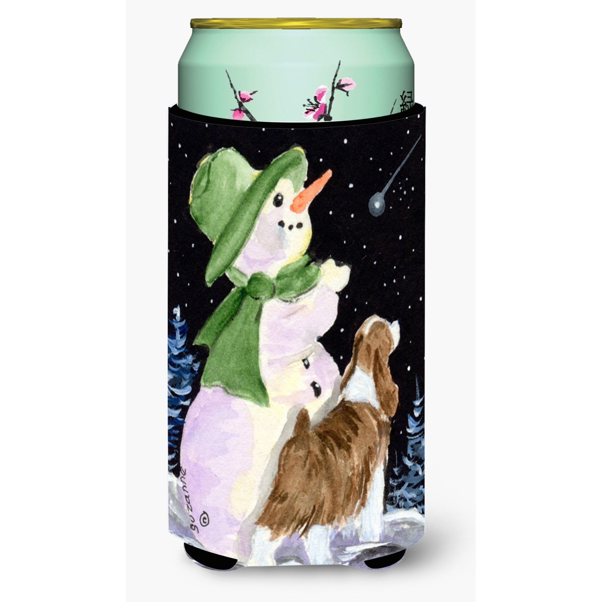 Snowman with English Springer Spaniel  Tall Boy Beverage Insulator Beverage Insulator Hugger