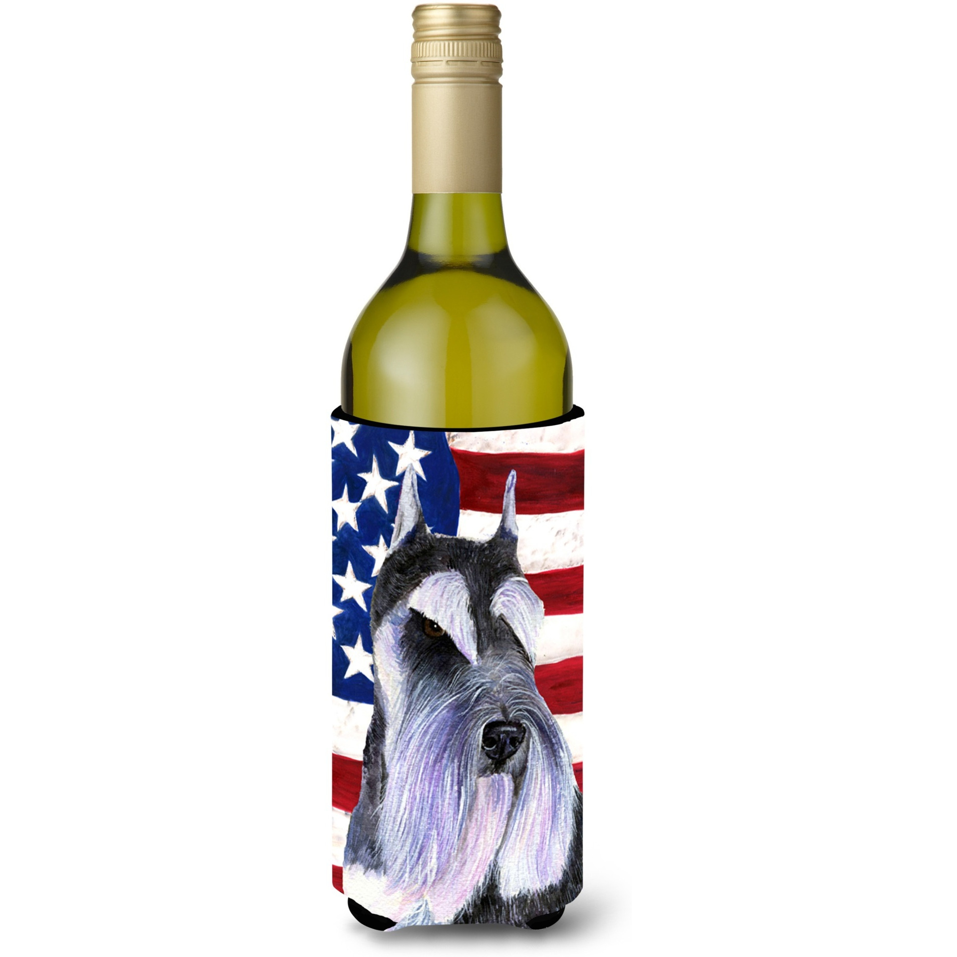 USA American Flag with Schnauzer Wine Bottle Beverage Insulator Beverage Insulator Hugger SS4056LITERK