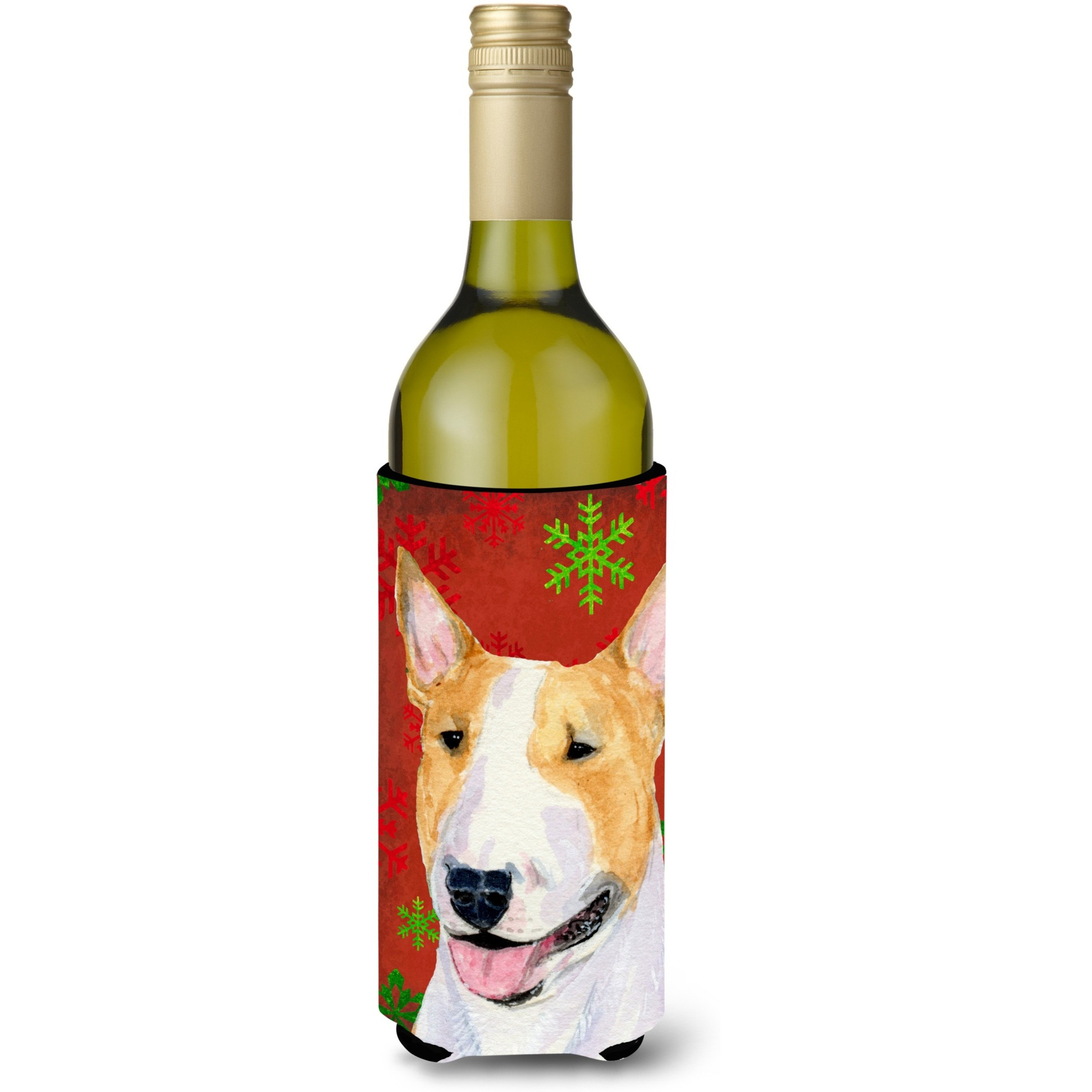 Bull Terrier Red and Green Snowflakes Holiday Christmas Wine Bottle Beverage Insulator