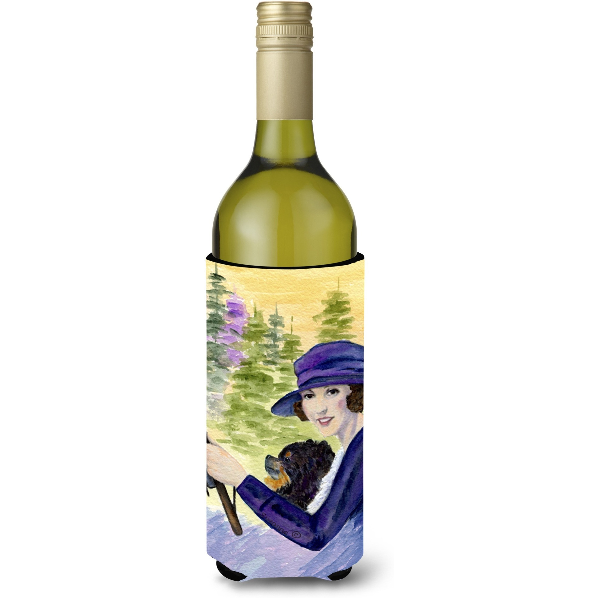 Lady driving with her Pomeranian Wine Bottle Beverage Insulator Beverage Insulator Hugger