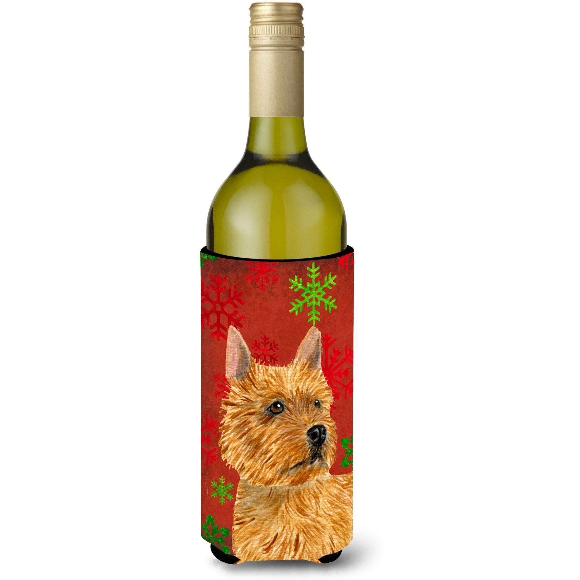 Norwich Terrier Red and Green Snowflakes Holiday Christmas Wine Bottle Beverage Insulator