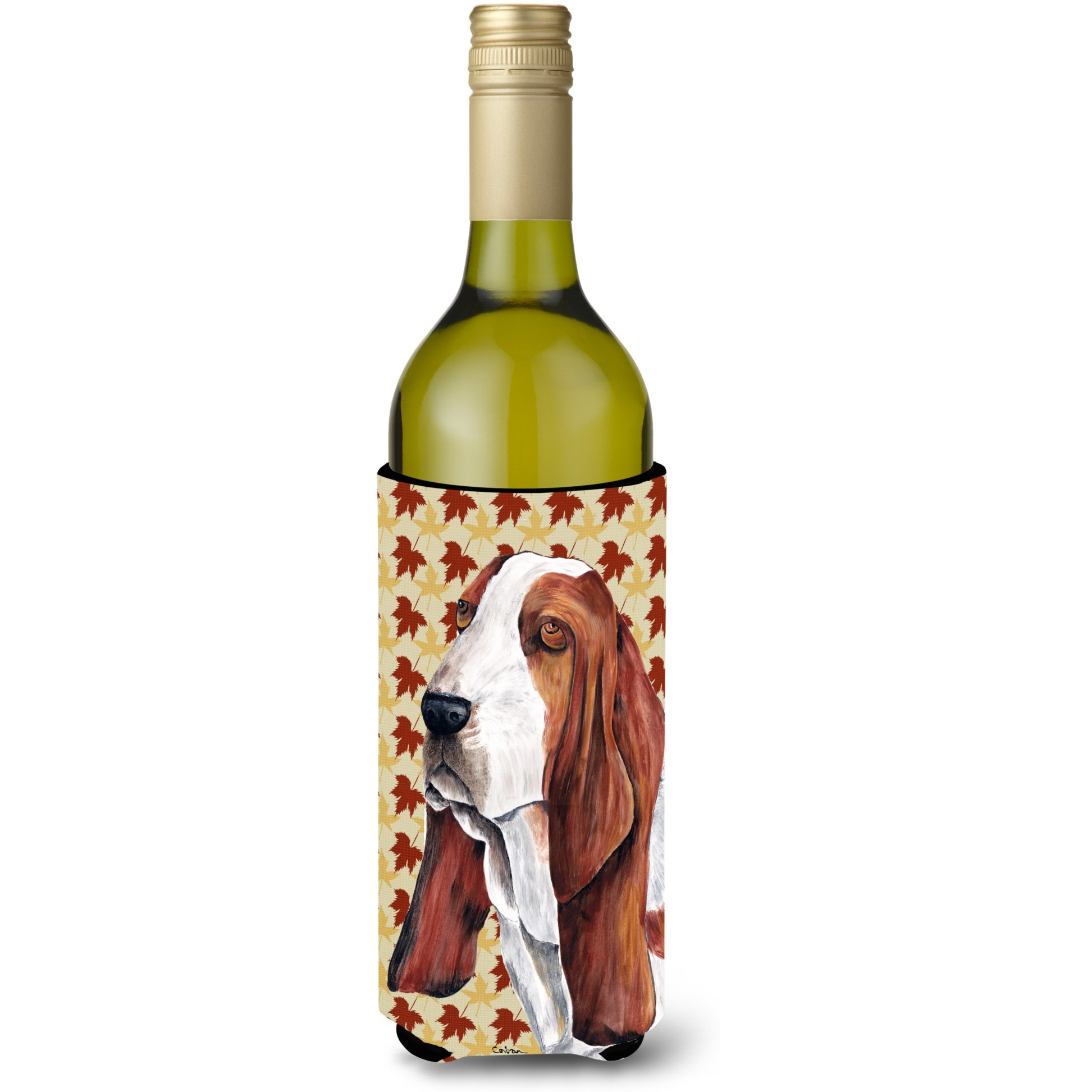 Basset Hound Fall Leaves Portrait Wine Bottle Beverage Insulator Beverage Insulator Hugger SC9212LITERK