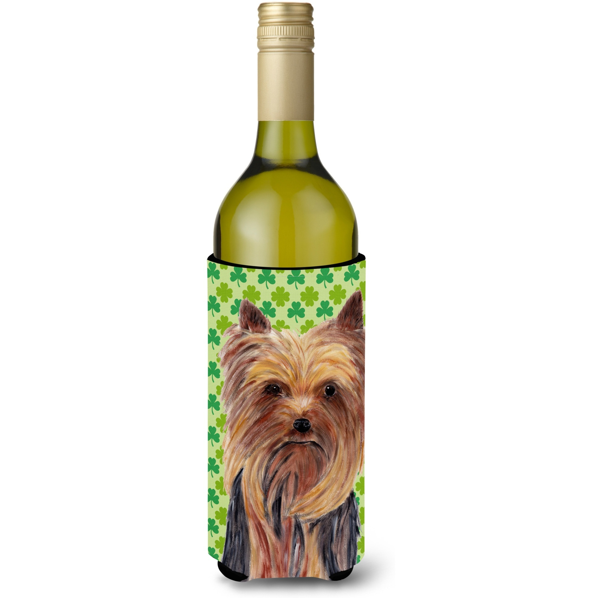 Yorkie St. Patrick's Day Shamrock Portrait Wine Bottle Beverage Insulator Beverage Insulator Hugger