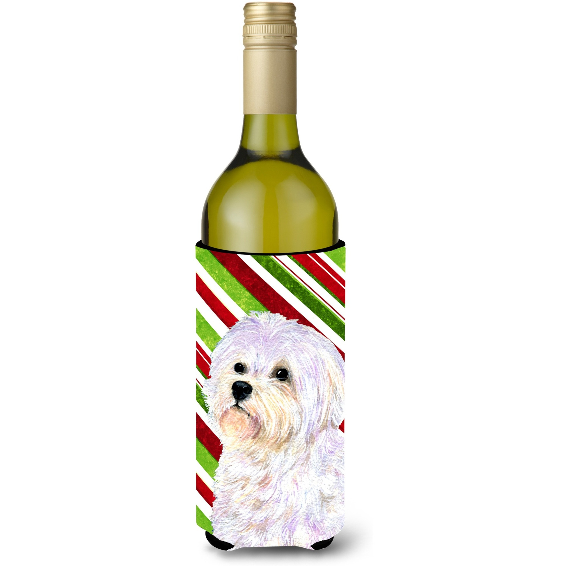 Maltese Candy Cane Holiday Christmas Wine Bottle Beverage Insulator Beverage Insulator Hugger