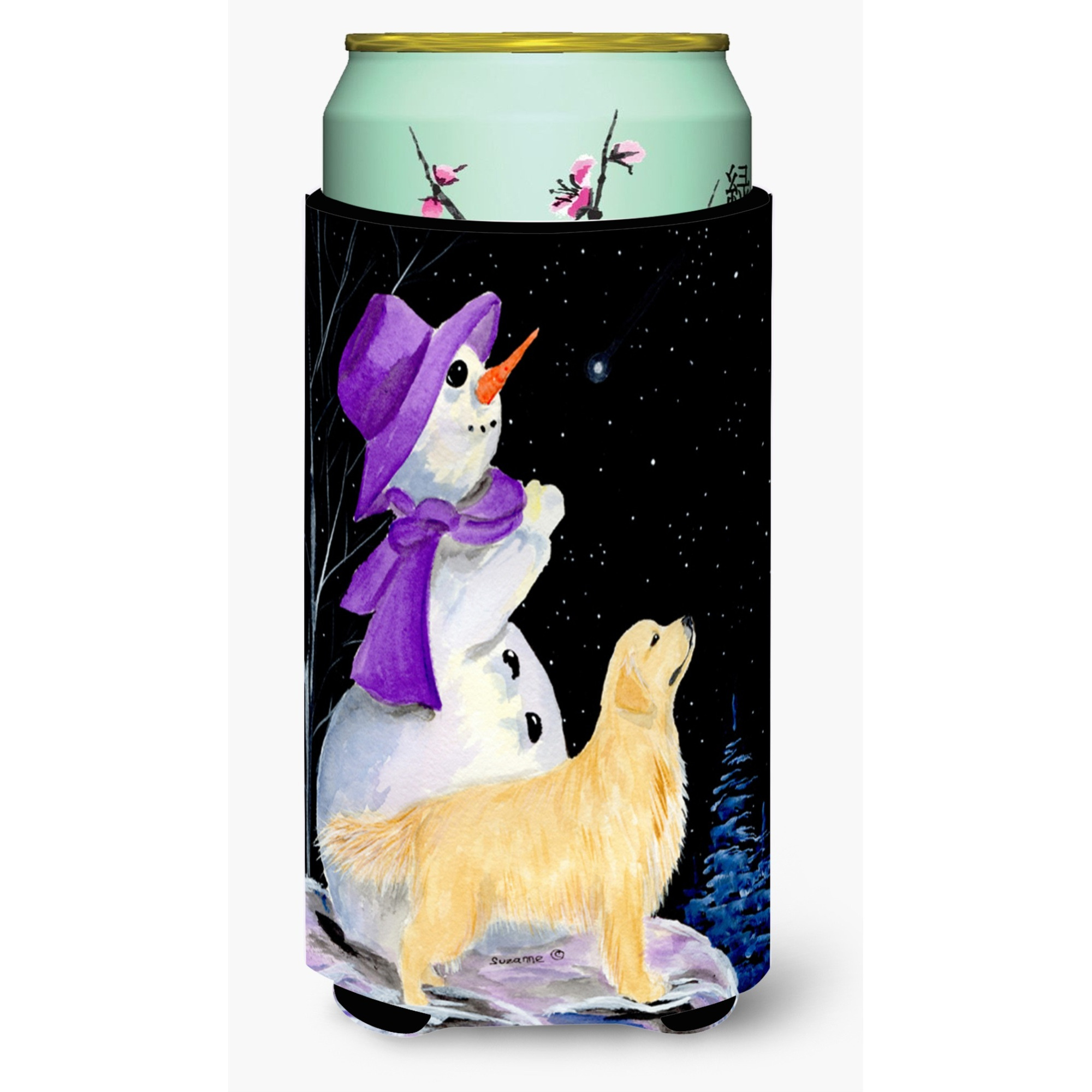 Snowman with Golden Retriever  Tall Boy Beverage Insulator Beverage Insulator Hugger