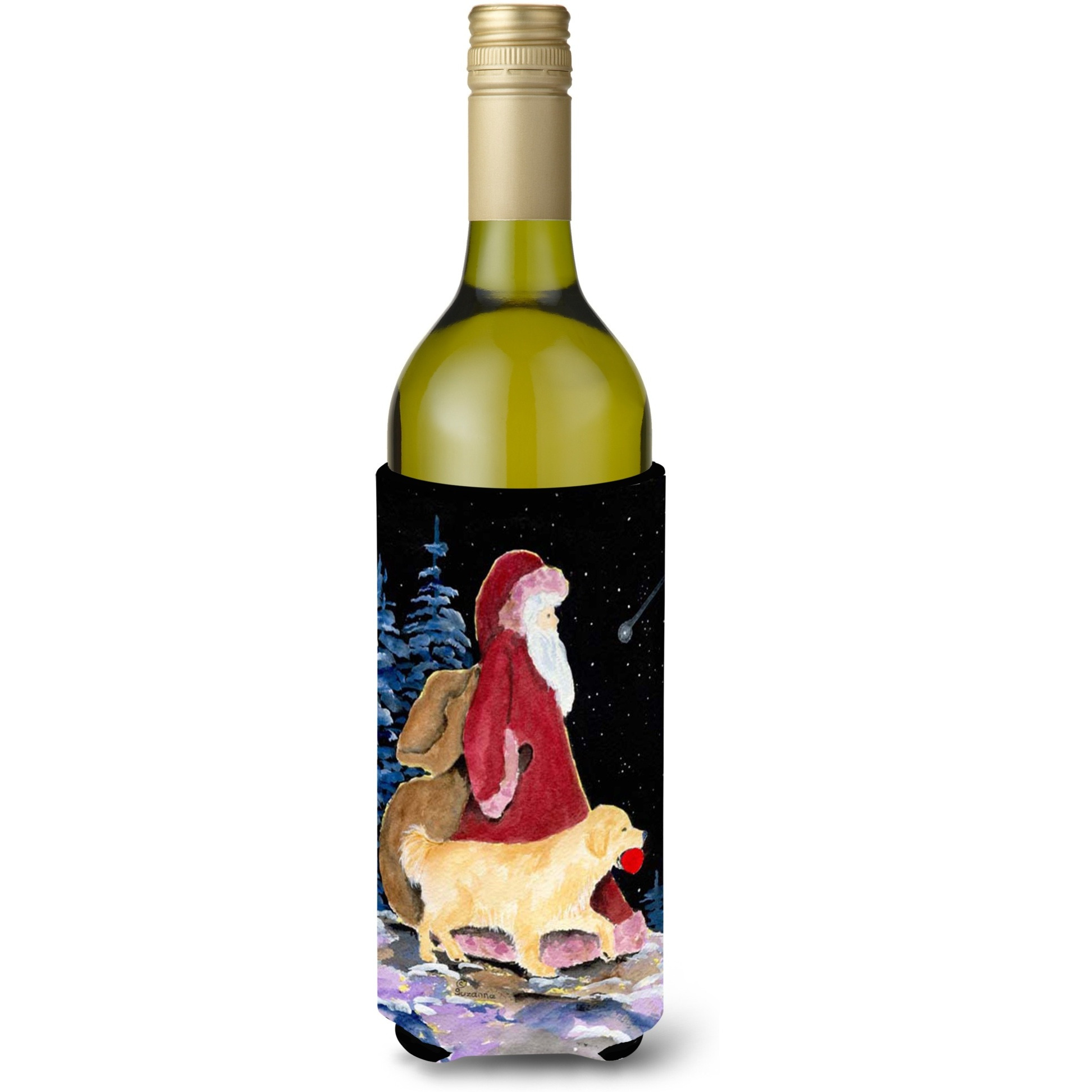 Santa Claus with  Golden Retriever Wine Bottle Beverage Insulator Beverage Insulator Hugger
