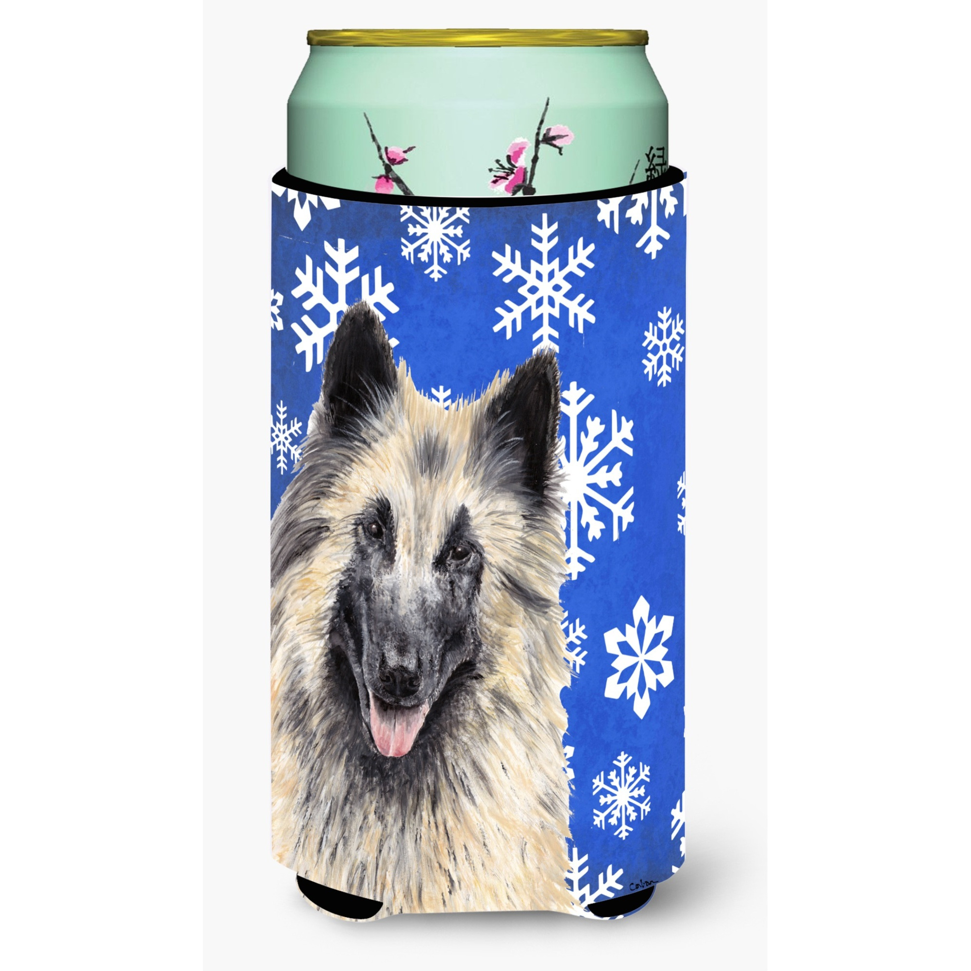 Belgian Tervuren Winter Snowflakes Holiday  Tall Boy Beverage Insulator Beverage Insulator Hugger