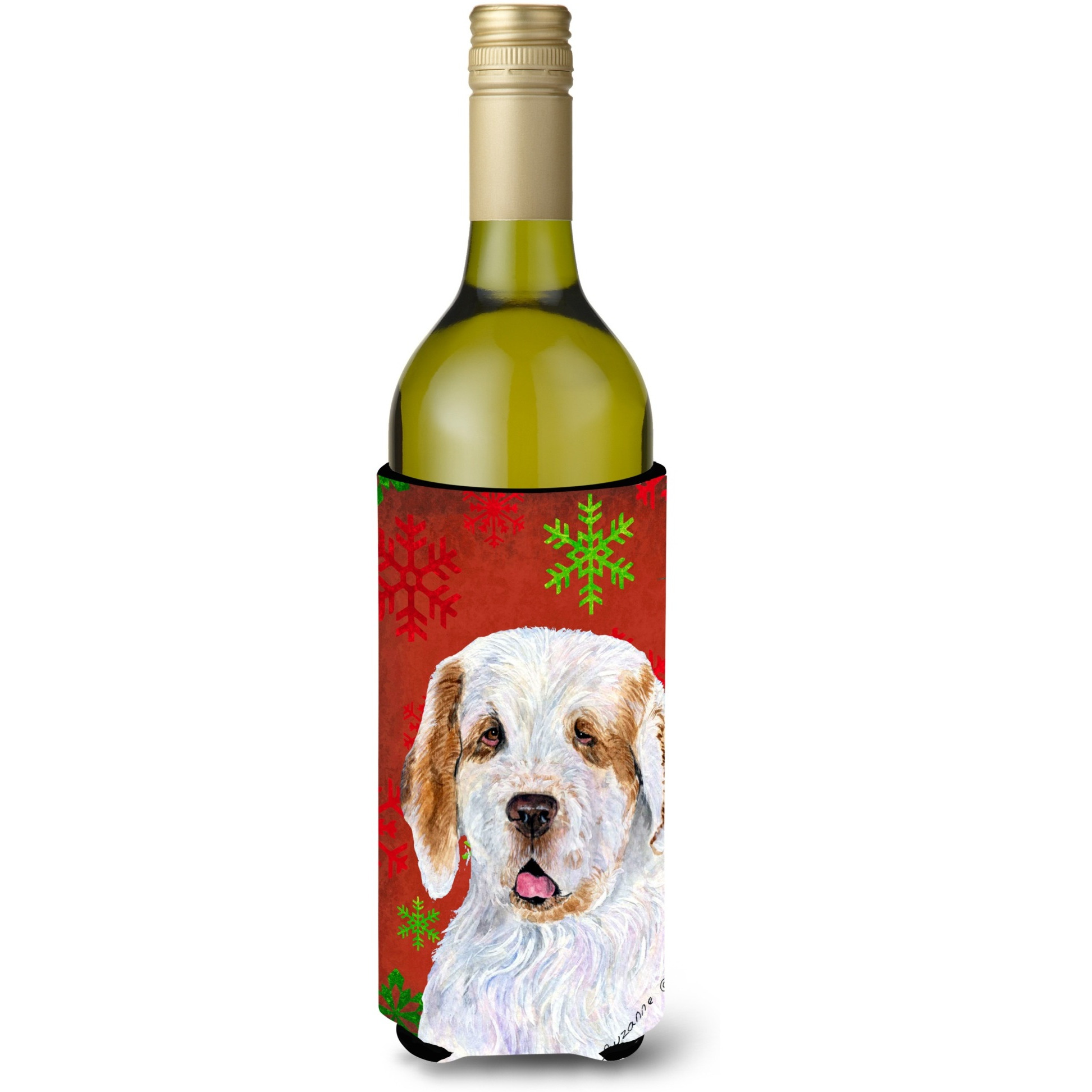 Clumber Spaniel Red and Green Snowflakes Holiday Christmas Wine Bottle Beverage Insulator