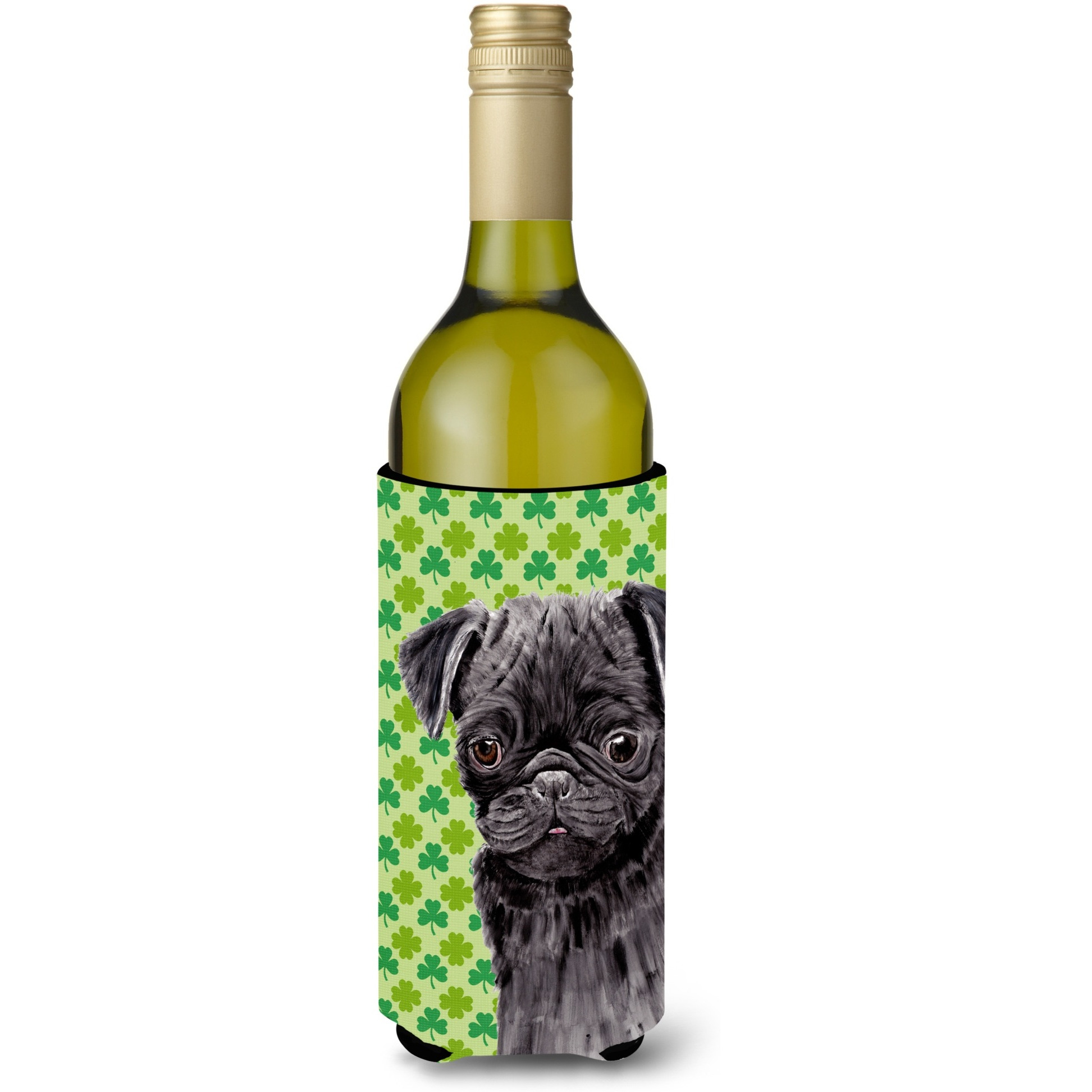 Pug Black St. Patrick's Day Shamrock Portrait Wine Bottle Beverage Insulator Beverage Insulator Hugger