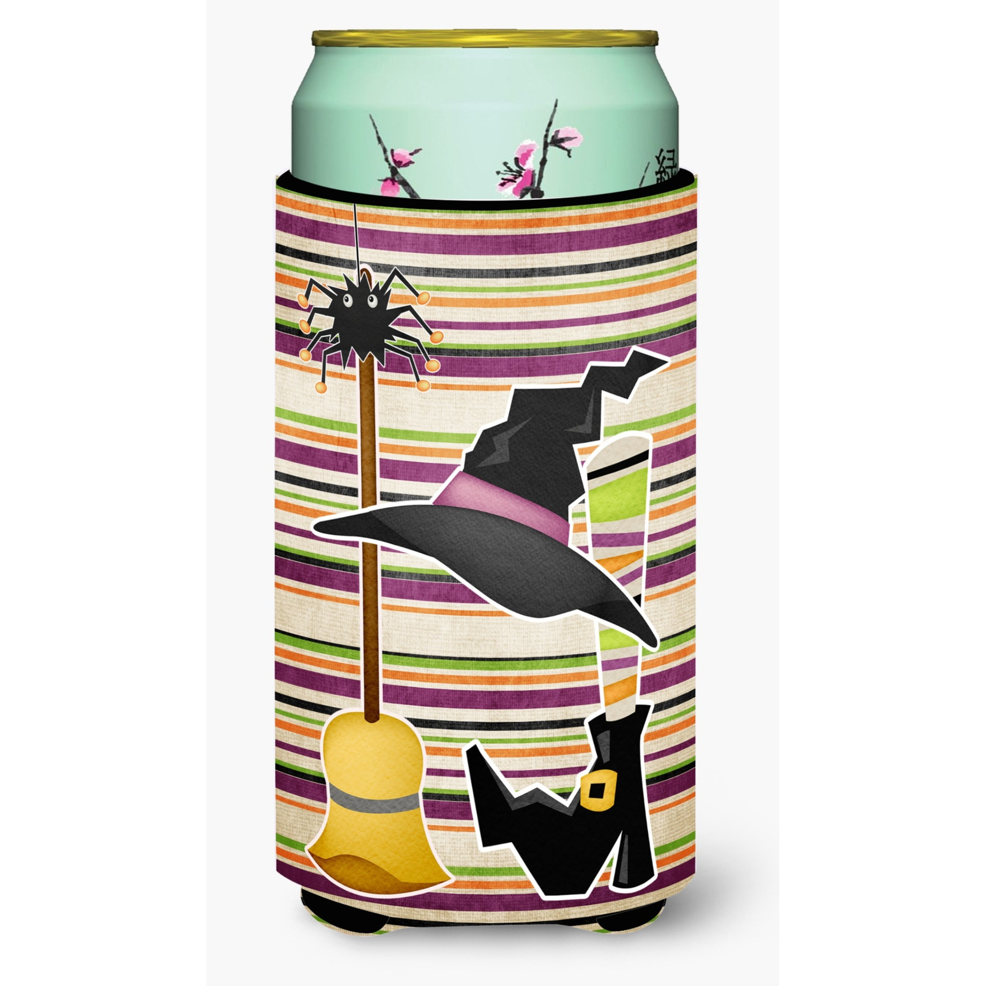 Witch Costume and Broom on Stripes Halloween  Tall Boy Beverage Insulator Beverage Insulator Hugger