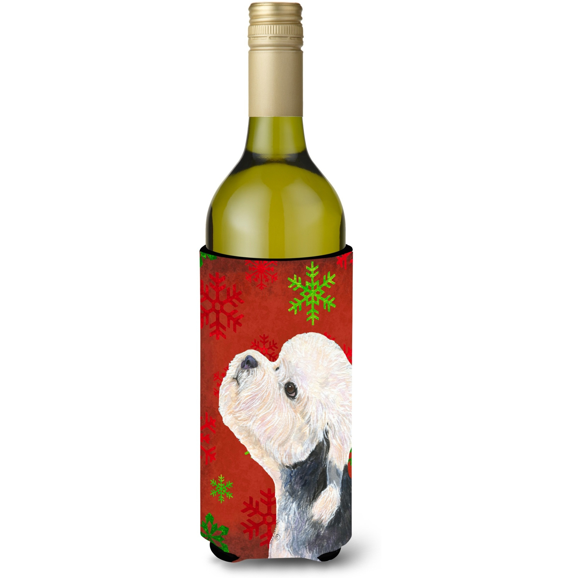 Dandie Dinmont Terrier Red Green Snowflakes Christmas Wine Bottle Beverage Insulator Beverage Insulator Hugger