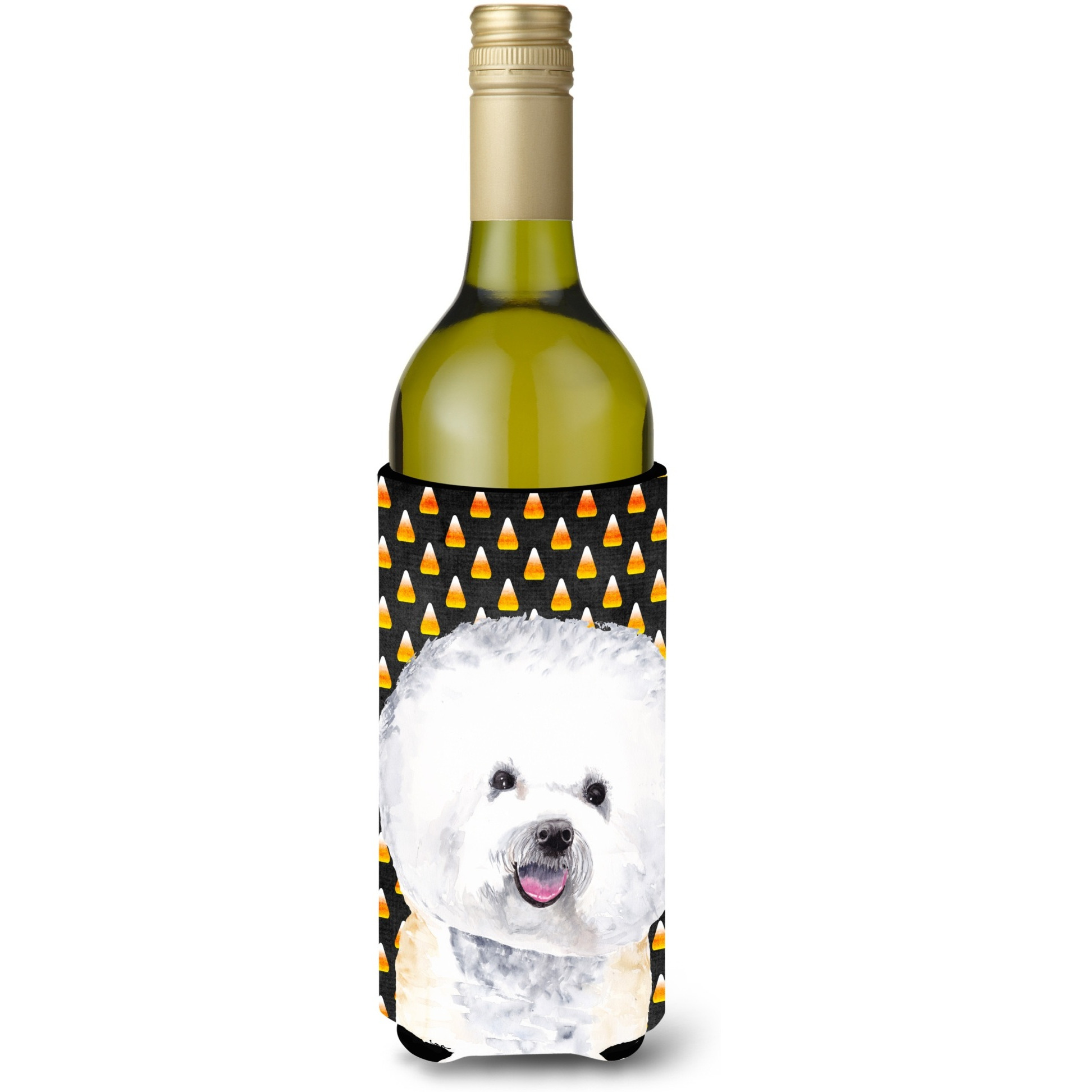 Bichon Frise Candy Corn Halloween Portrait Wine Bottle Beverage Insulator Beverage Insulator Hugger