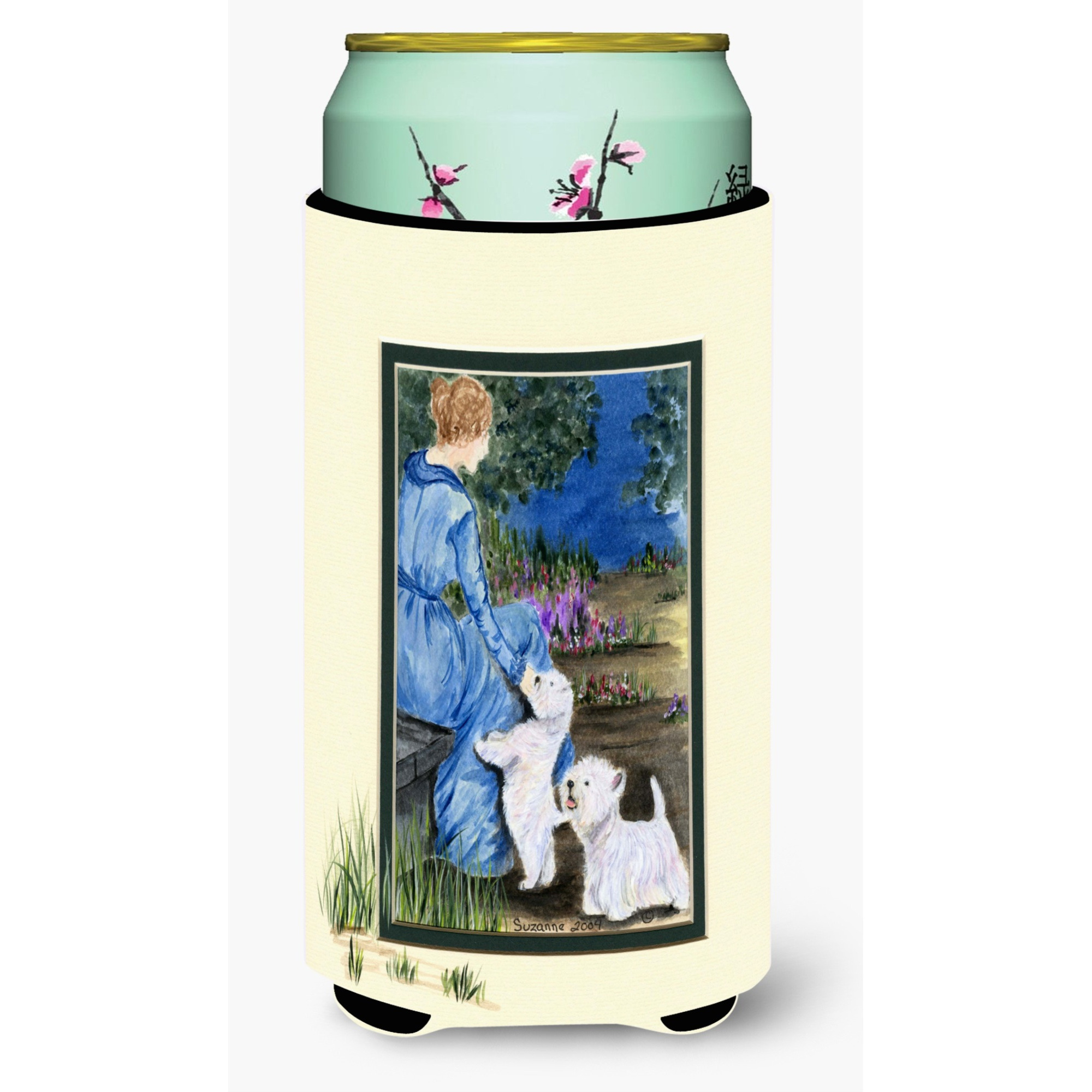 Lady with her  Westie  Tall Boy Beverage Insulator Beverage Insulator Hugger