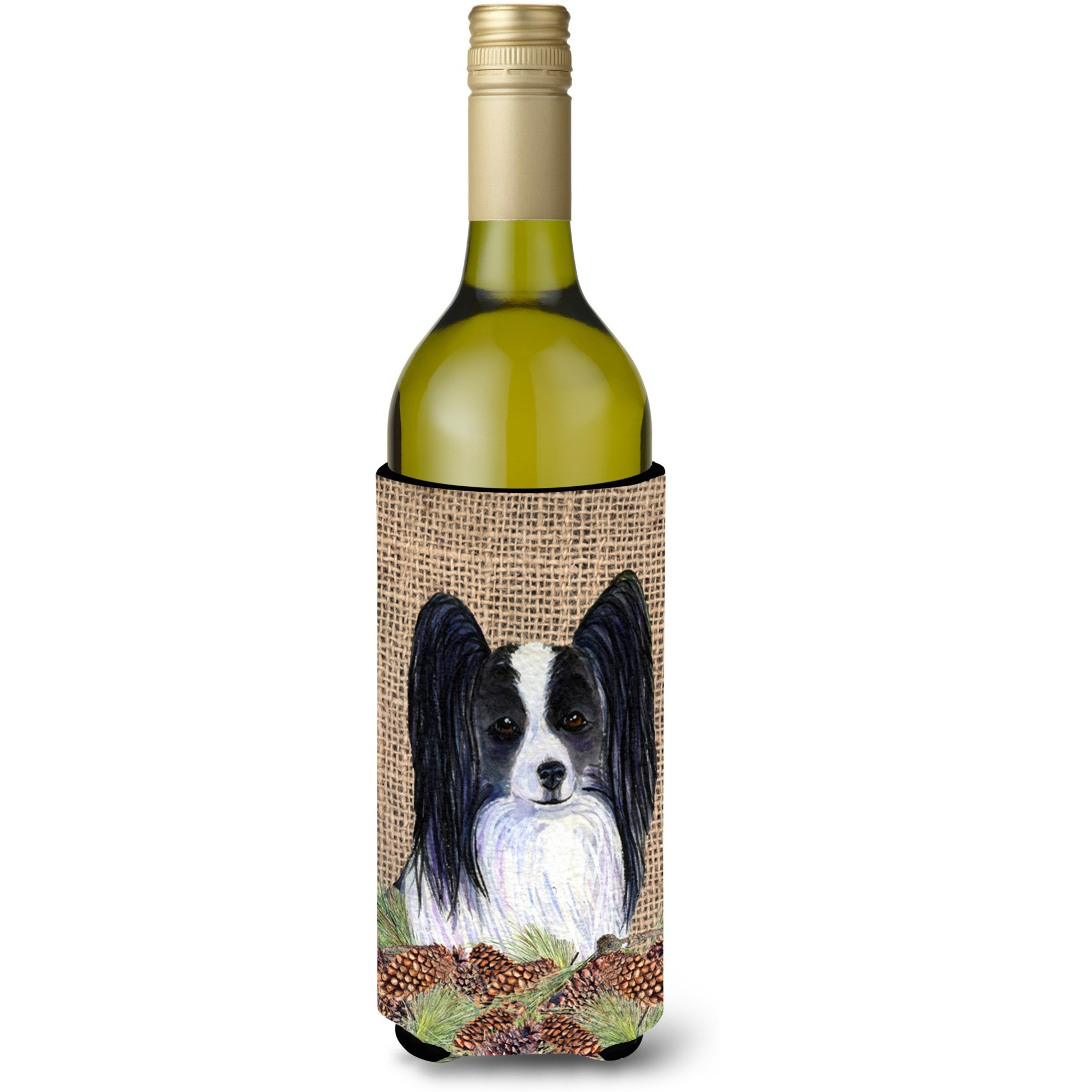 Papillon on Faux Burlap with Pine Cones Wine Bottle Beverage Insulator Beverage Insulator Hugger