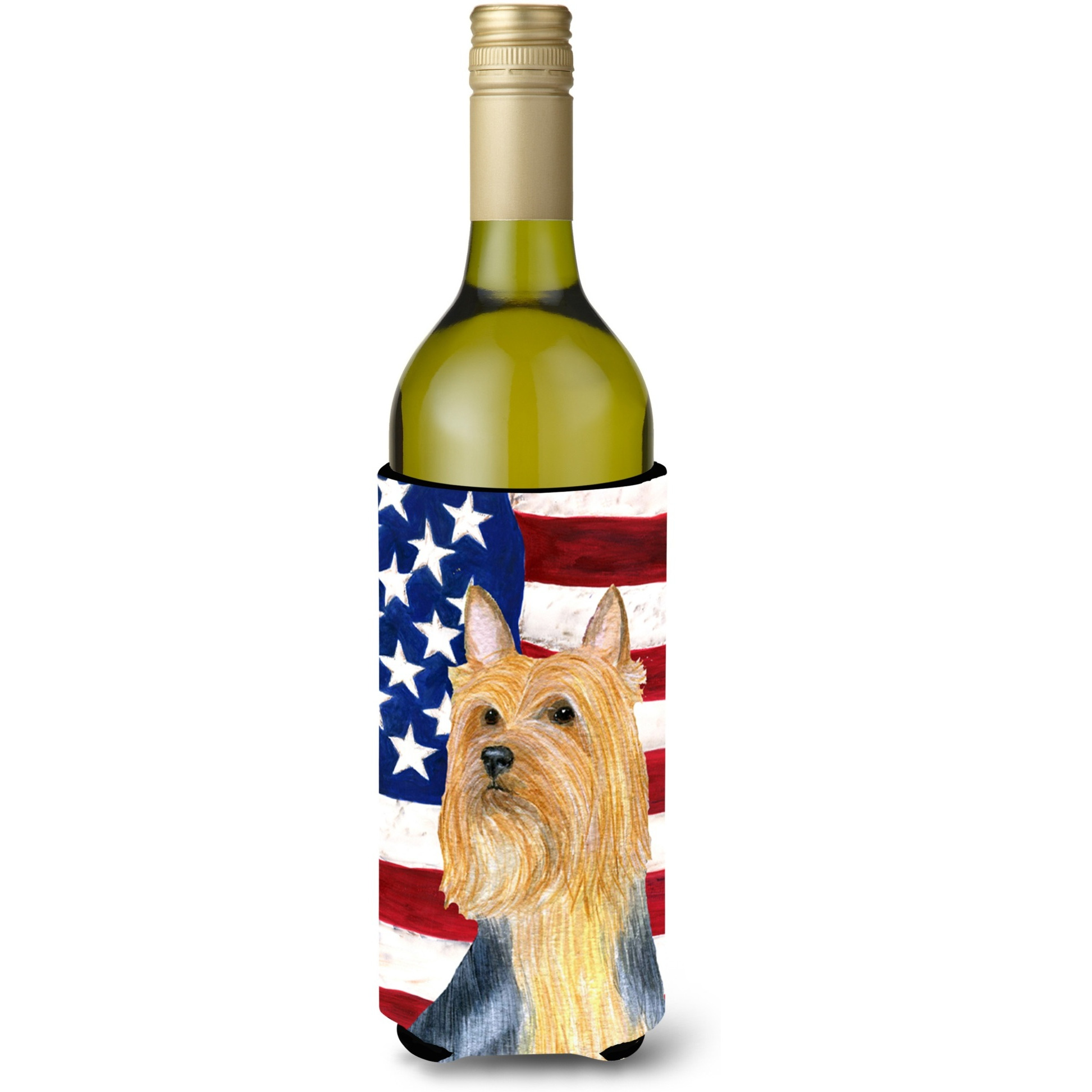 USA American Flag with Silky Terrier Wine Bottle Beverage Insulator Beverage Insulator Hugger