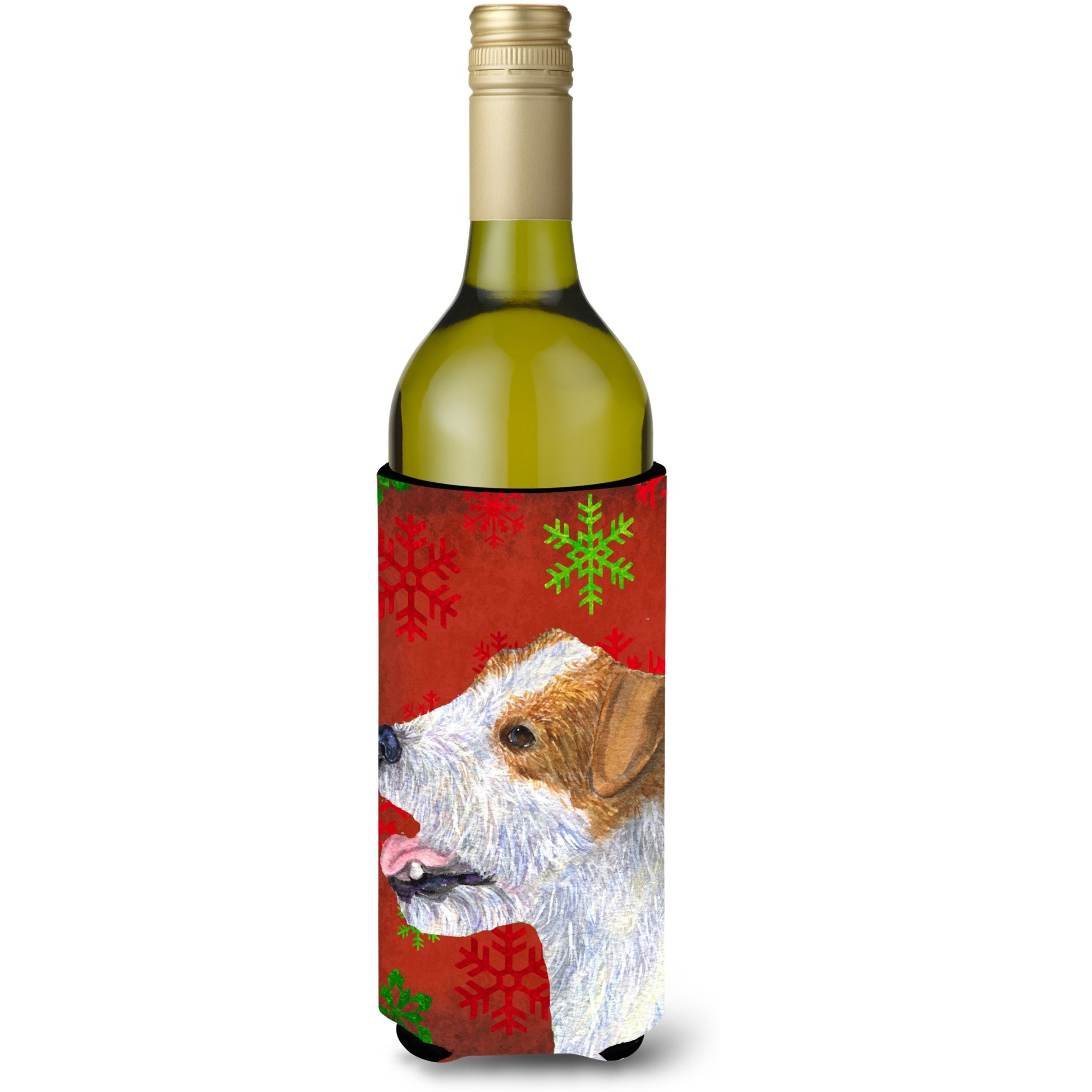 Jack Russell Terrier Red Green Snowflakes Holiday Christmas Wine Bottle Beverage Insulator