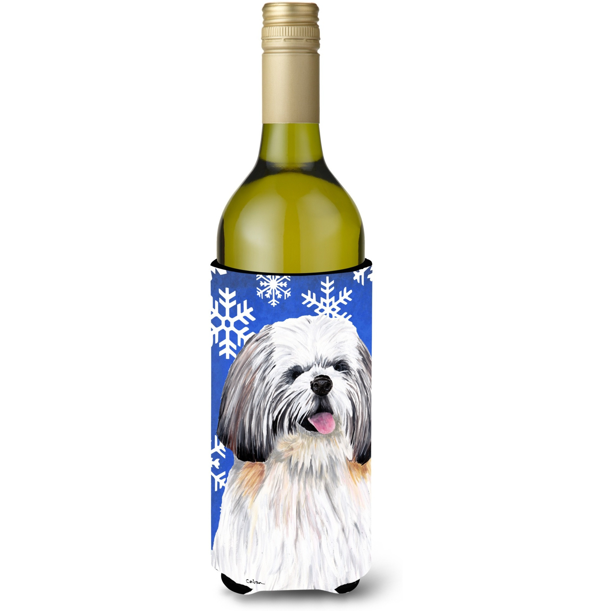 Shih Tzu Winter Snowflakes Holiday Wine Bottle Beverage Insulator Beverage Insulator Hugger