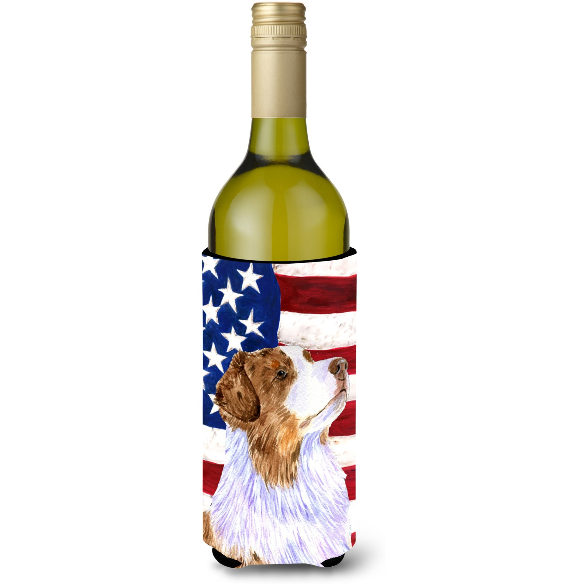 USA American Flag with Australian Shepherd Wine Bottle Beverage Insulator Beverage Insulator Hugger
