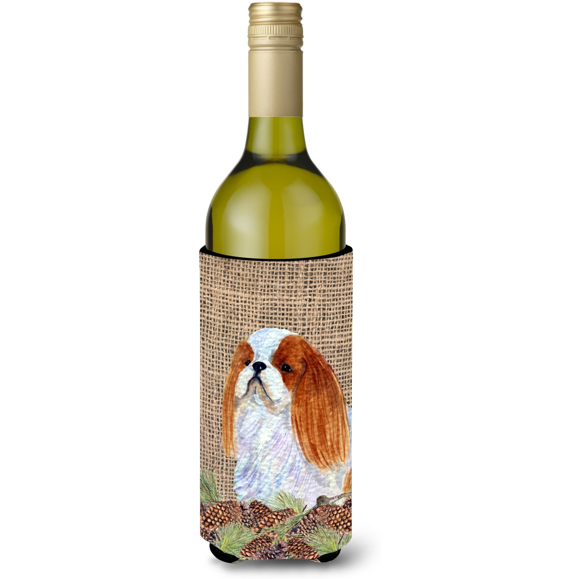 English Toy Spaniel on Faux Burlap with Pine Cones Wine Bottle Beverage Insulator Beverage Insulator Hugger