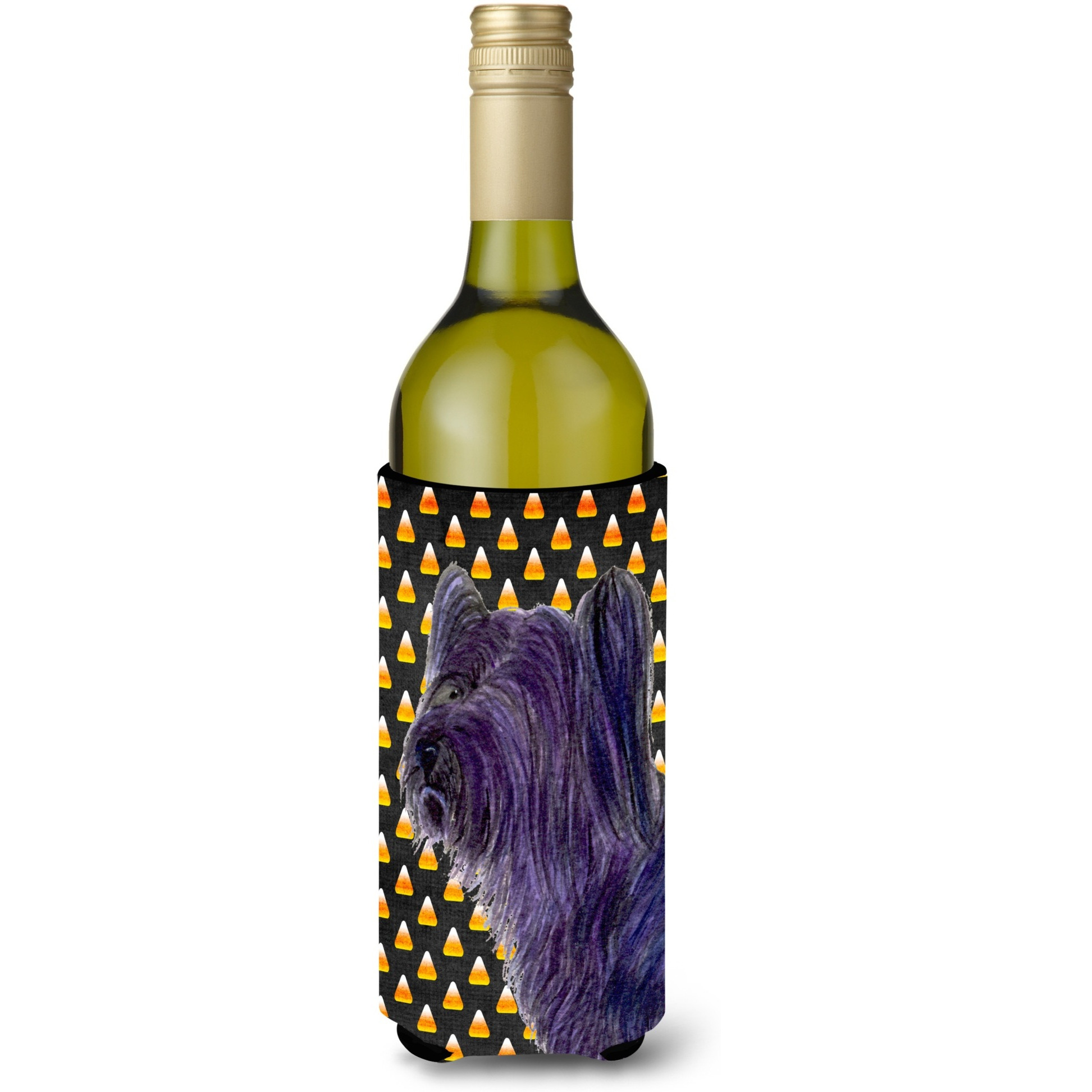 Skye Terrier Candy Corn Halloween Portrait Wine Bottle Beverage Insulator Beverage Insulator Hugger