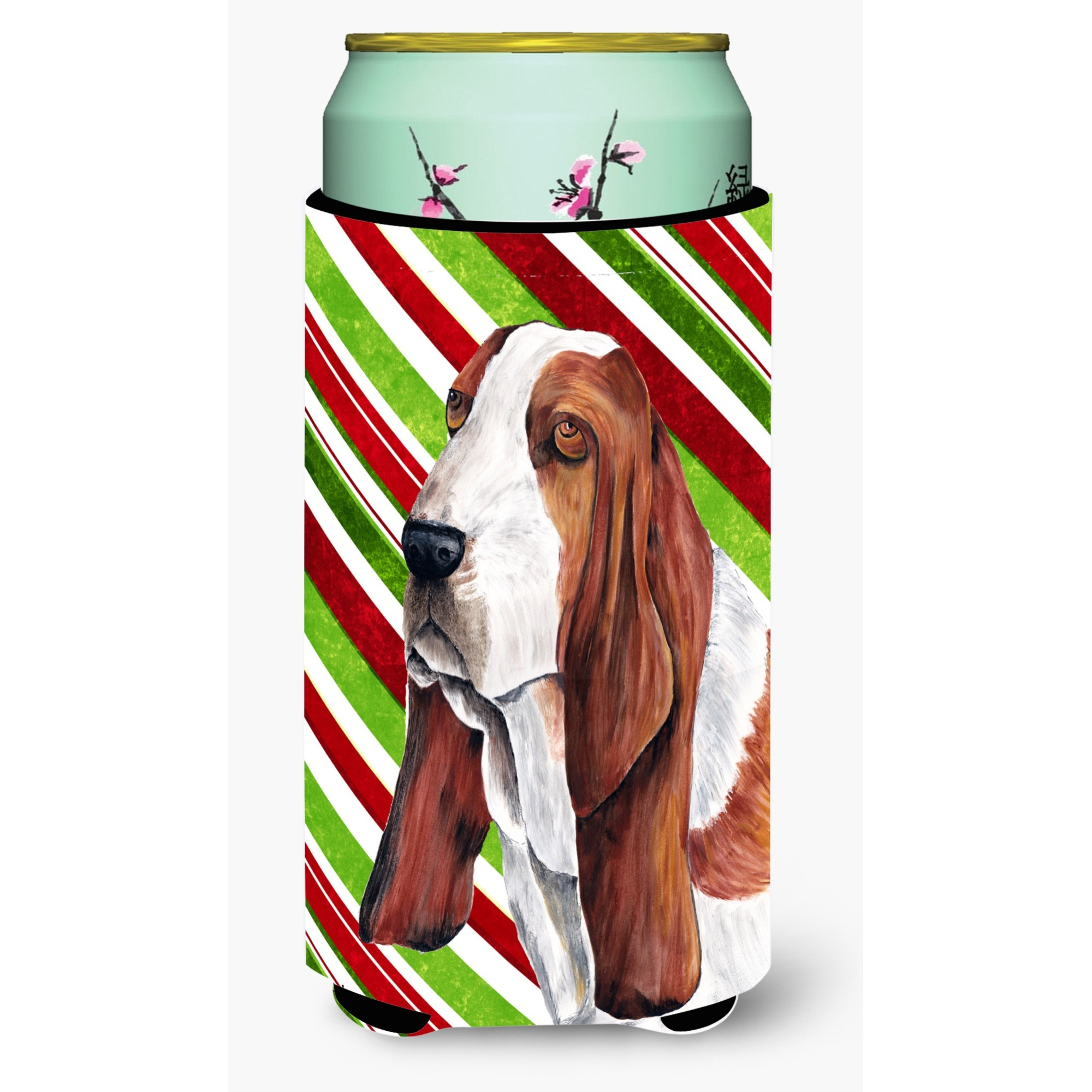 Basset Hound Candy Cane Holiday Christmas  Tall Boy Beverage Insulator Beverage Insulator Hugger