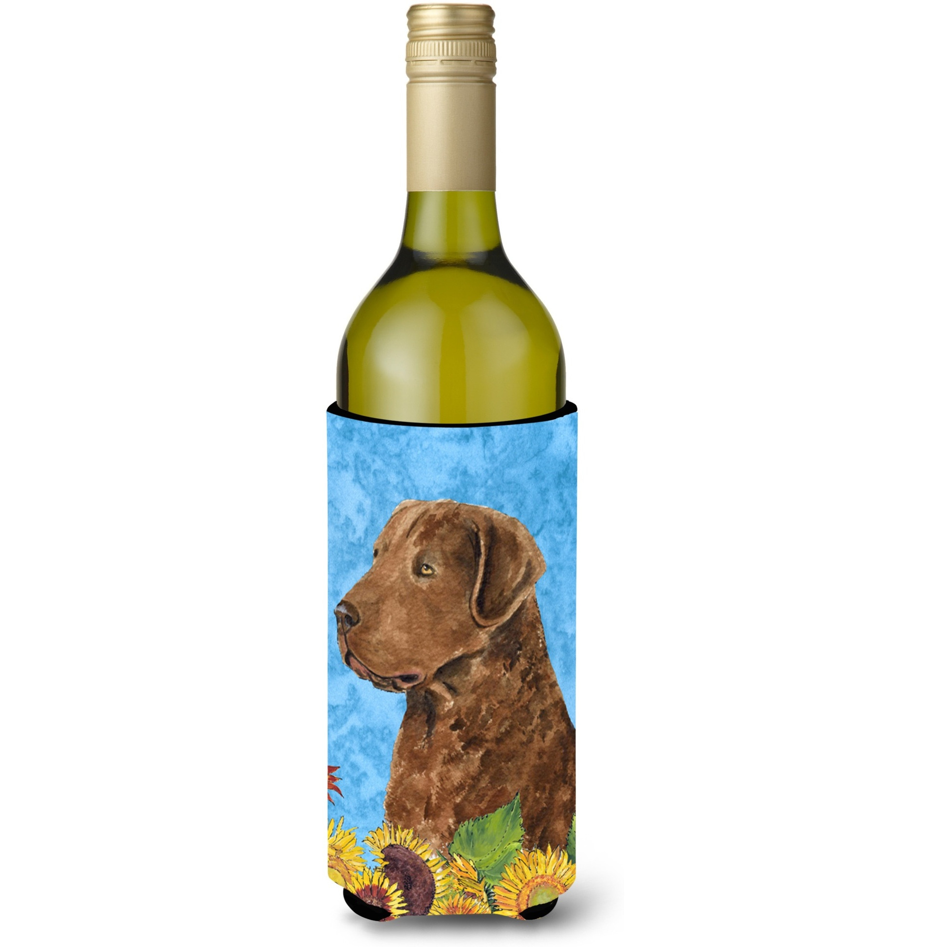 Curly Coated Retriever in Summer Flowers Wine Bottle Beverage Insulator Beverage Insulator Hugger