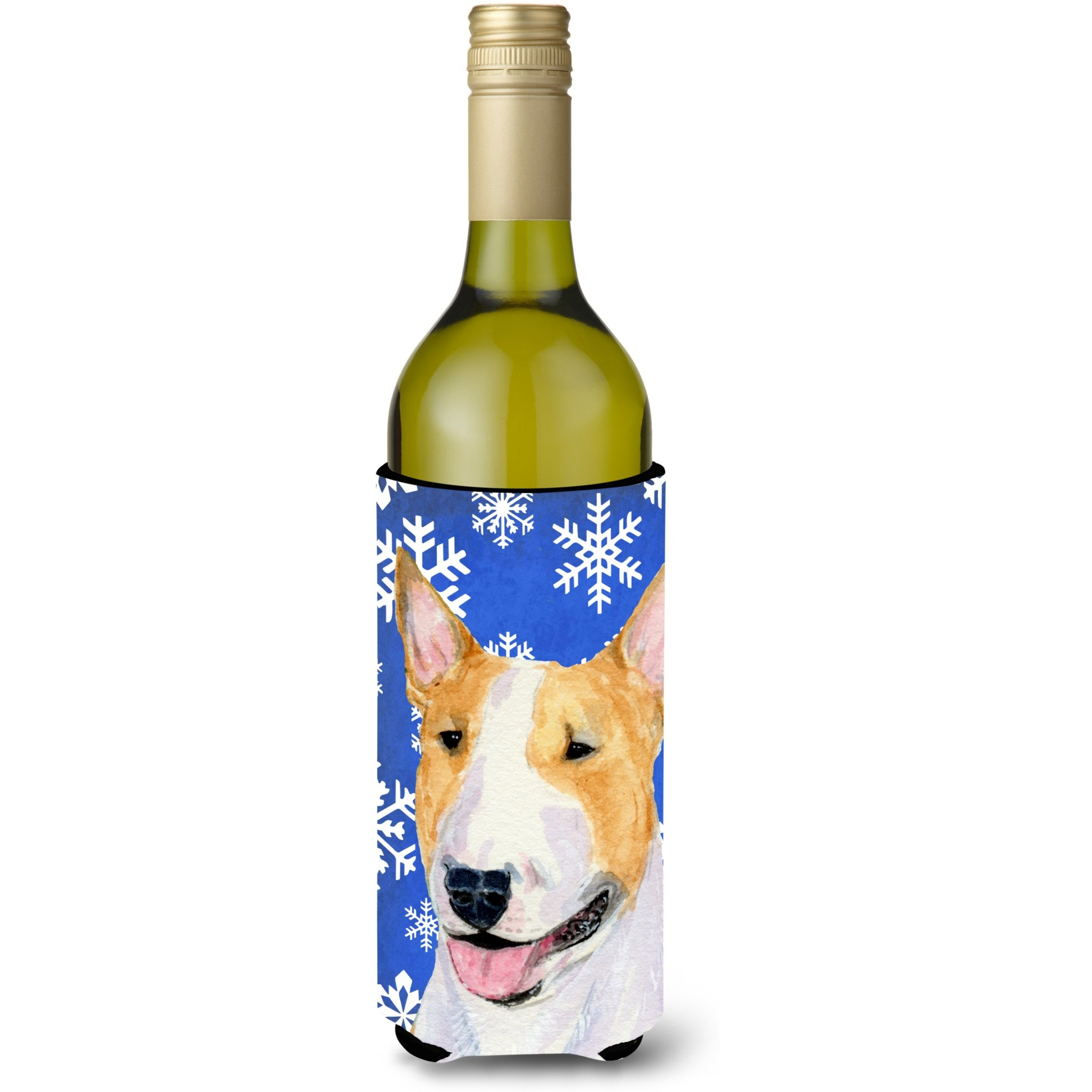 Bull Terrier Winter Snowflakes Holiday Wine Bottle Beverage Insulator Beverage Insulator Hugger