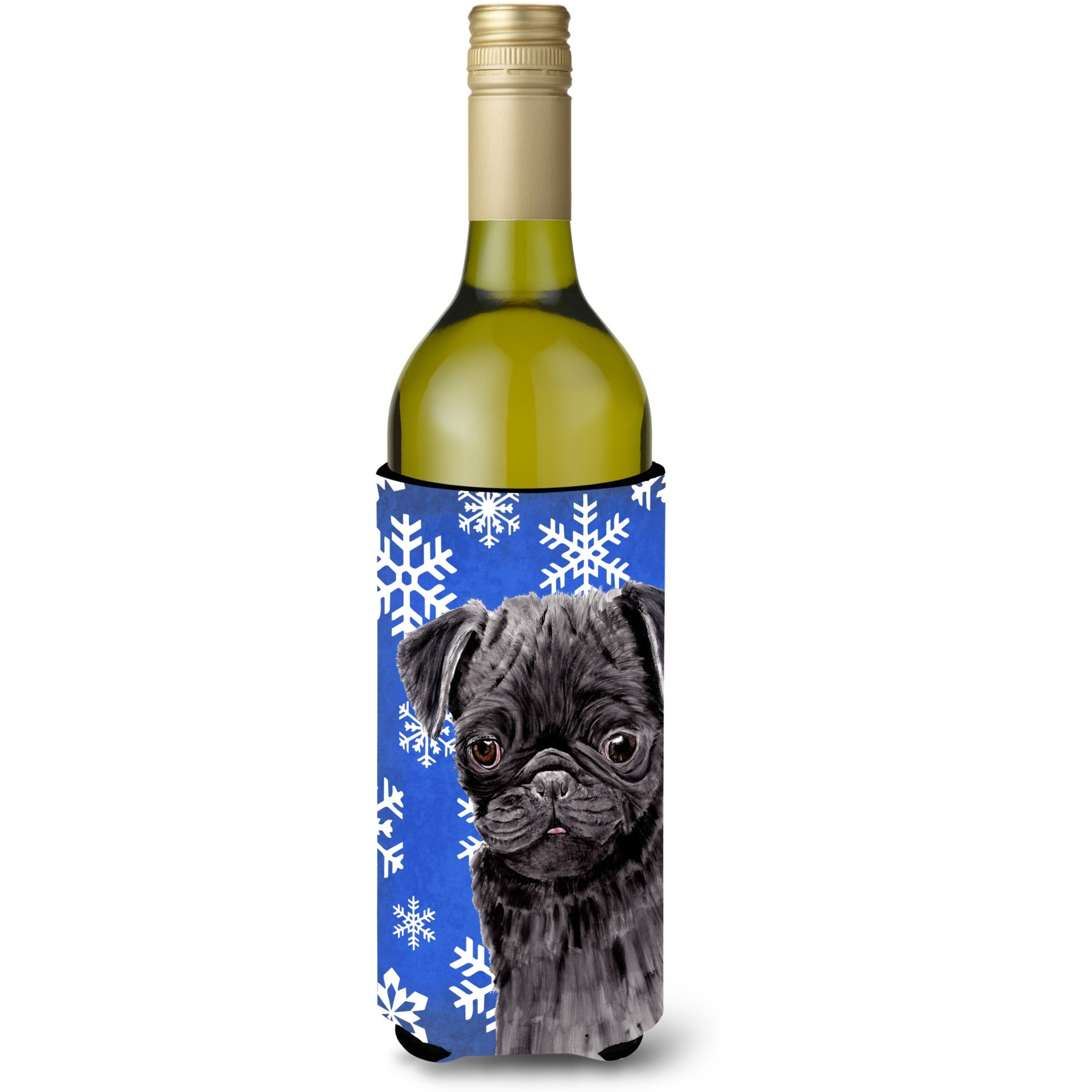 Pug Winter Snowflakes Holiday Wine Bottle Beverage Insulator Beverage Insulator Hugger SC9366LITERK