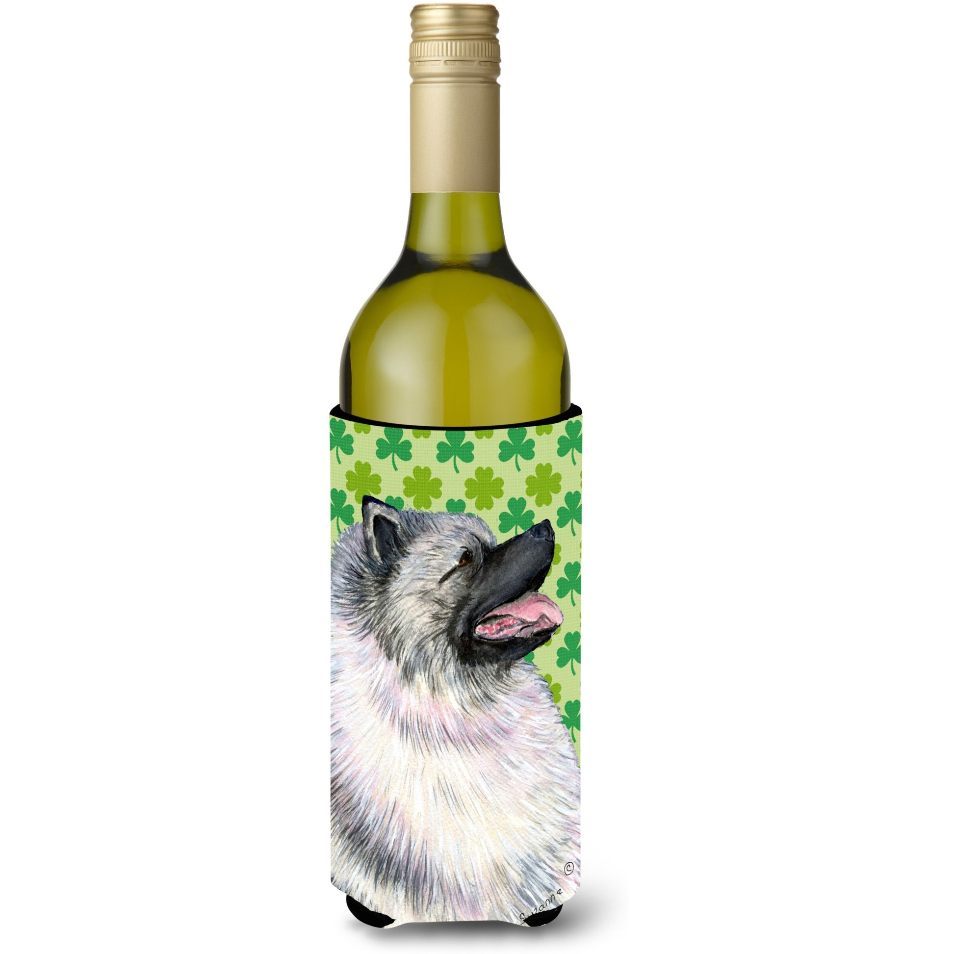 Keeshond St. Patrick's Day Shamrock Portrait Wine Bottle Beverage Insulator Beverage Insulator Hugger