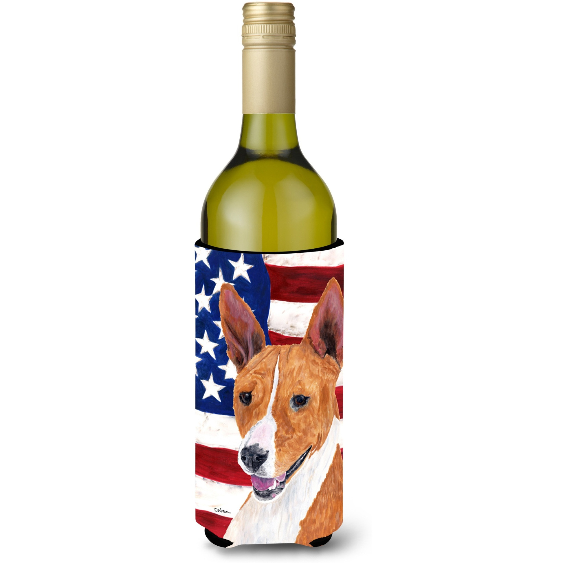 USA American Flag with Basenji Wine Bottle Beverage Insulator Beverage Insulator Hugger