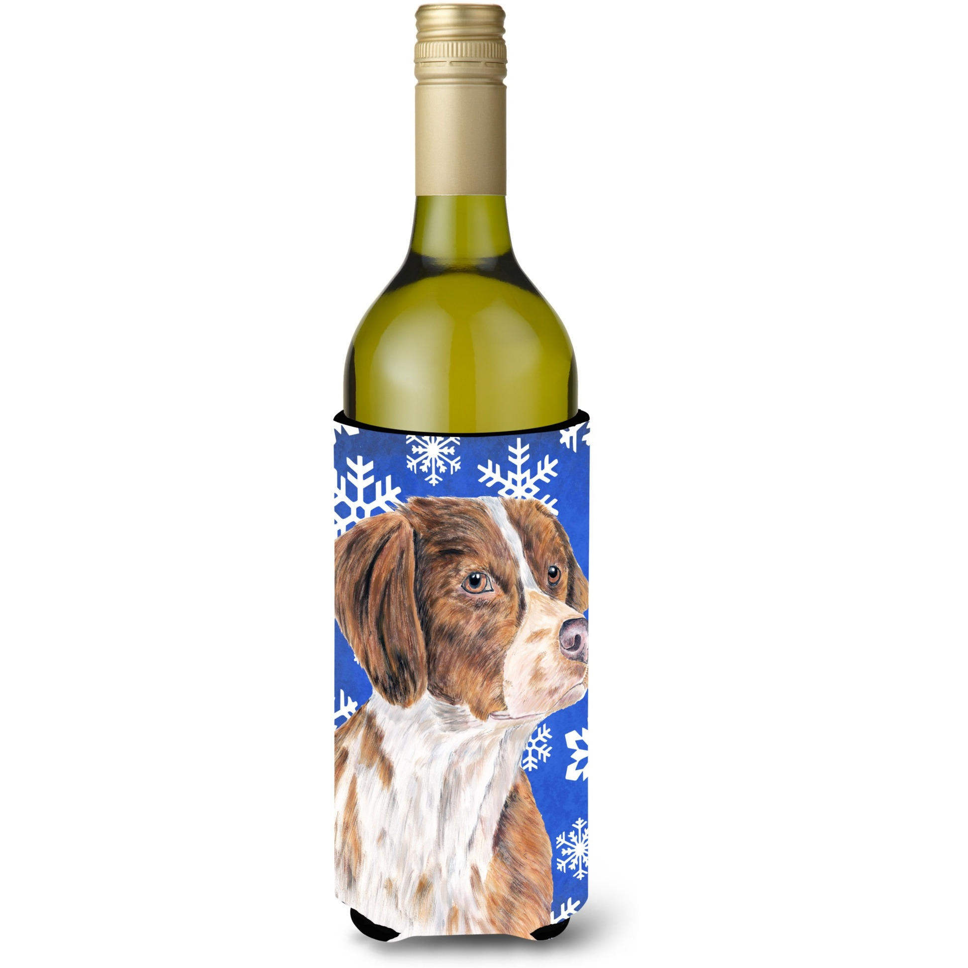 &quotCaroline's Treasures SC9389LITERK Brittany Winter Snowflakes Holiday Wine Bottle Koozie Hugger, 750 mL, Multicolor"