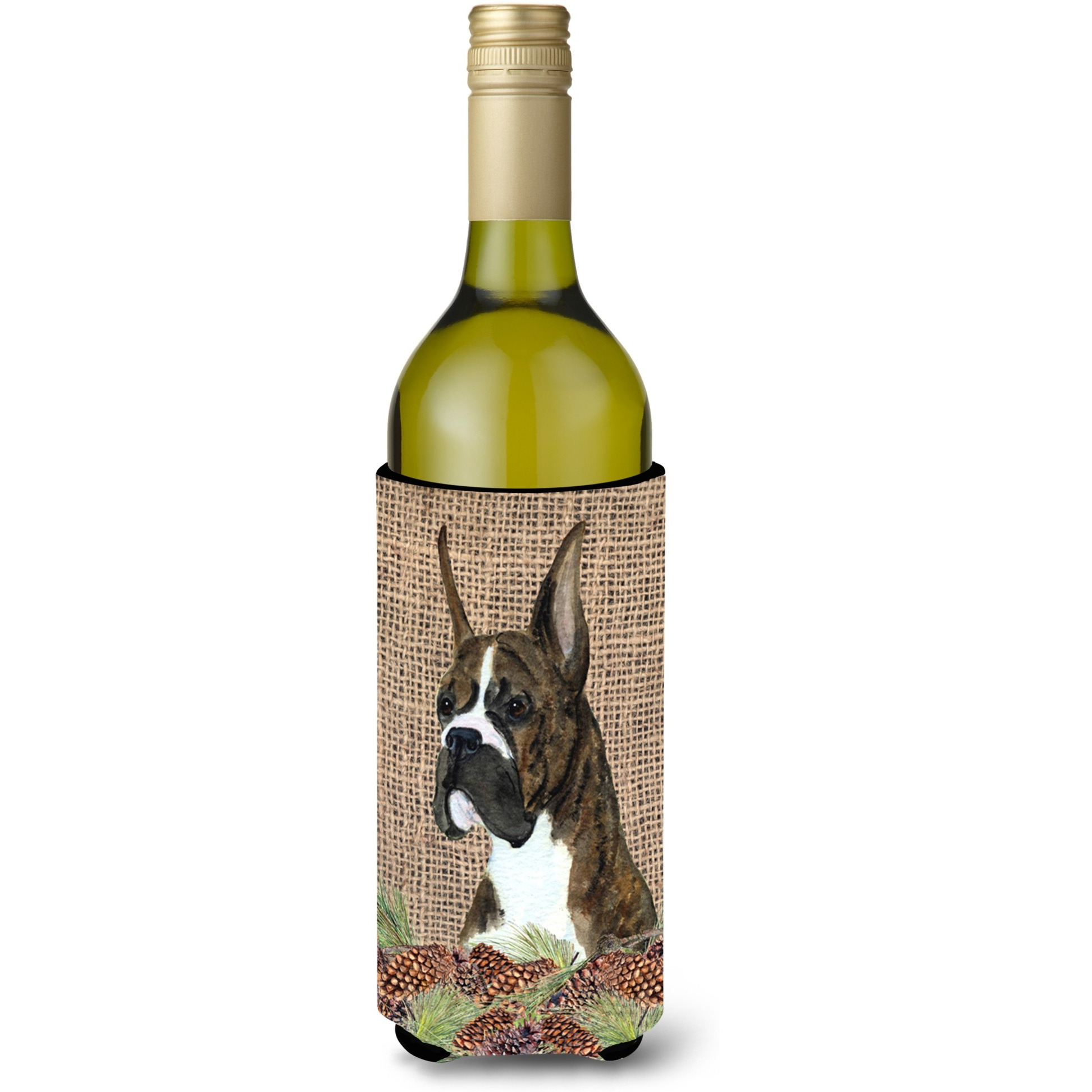 Brindle Boxer on Faux Burlap with Pine Cones Wine Bottle Beverage Insulator Beverage Insulator Hugger