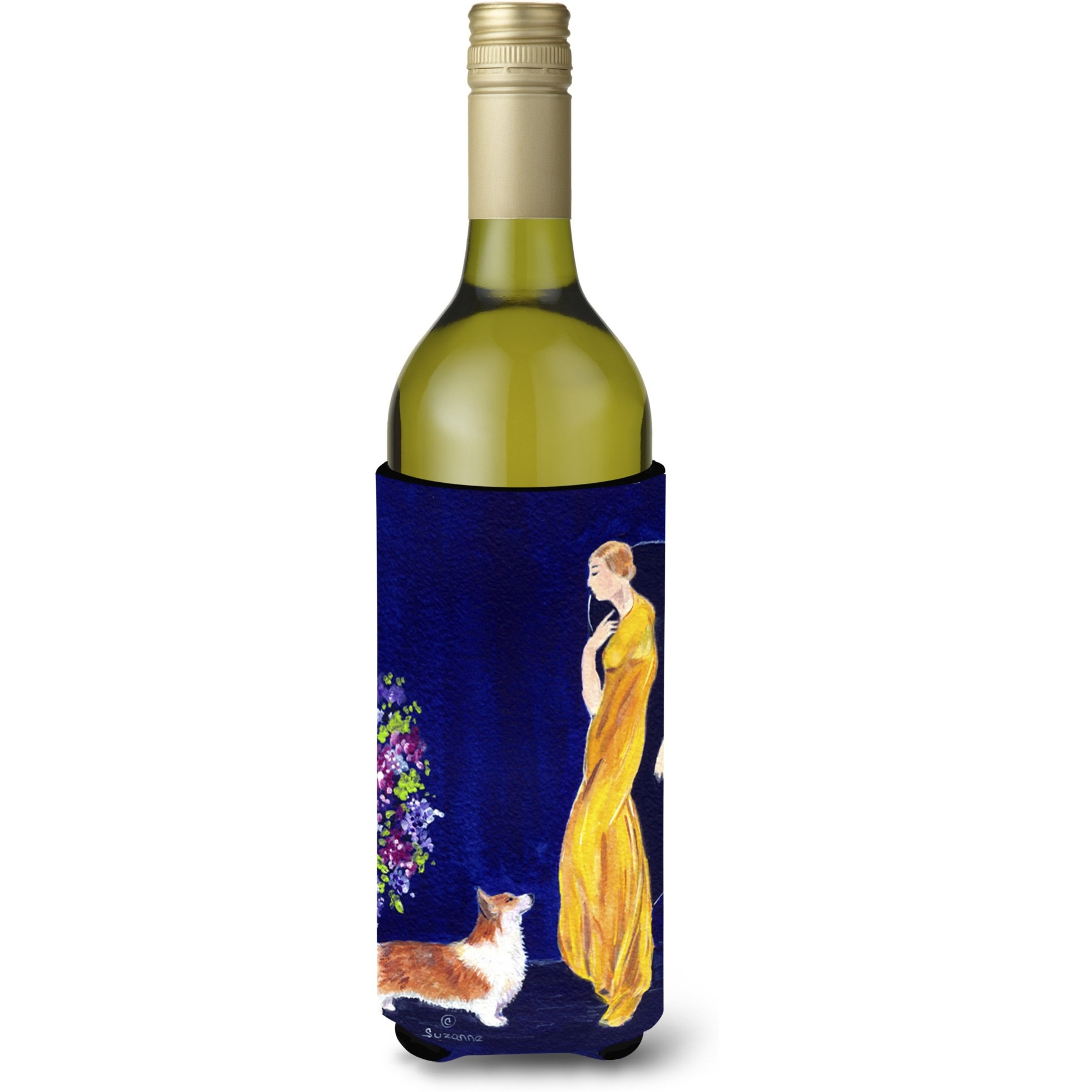 Lady with her Corgi Wine Bottle Beverage Insulator Beverage Insulator Hugger