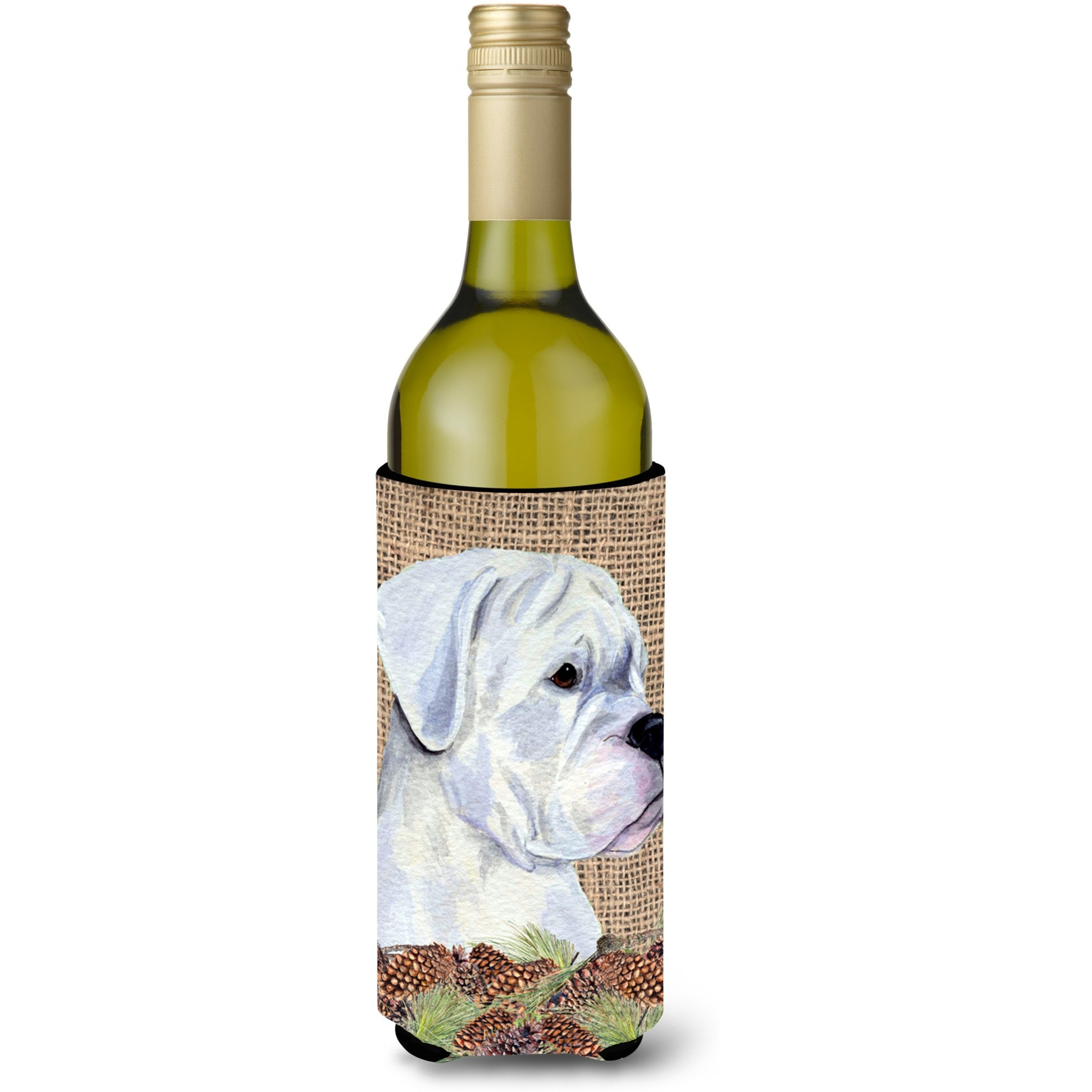 White Boxer on Faux Burlap with Pine Cones Wine Bottle Beverage Insulator Beverage Insulator Hugger