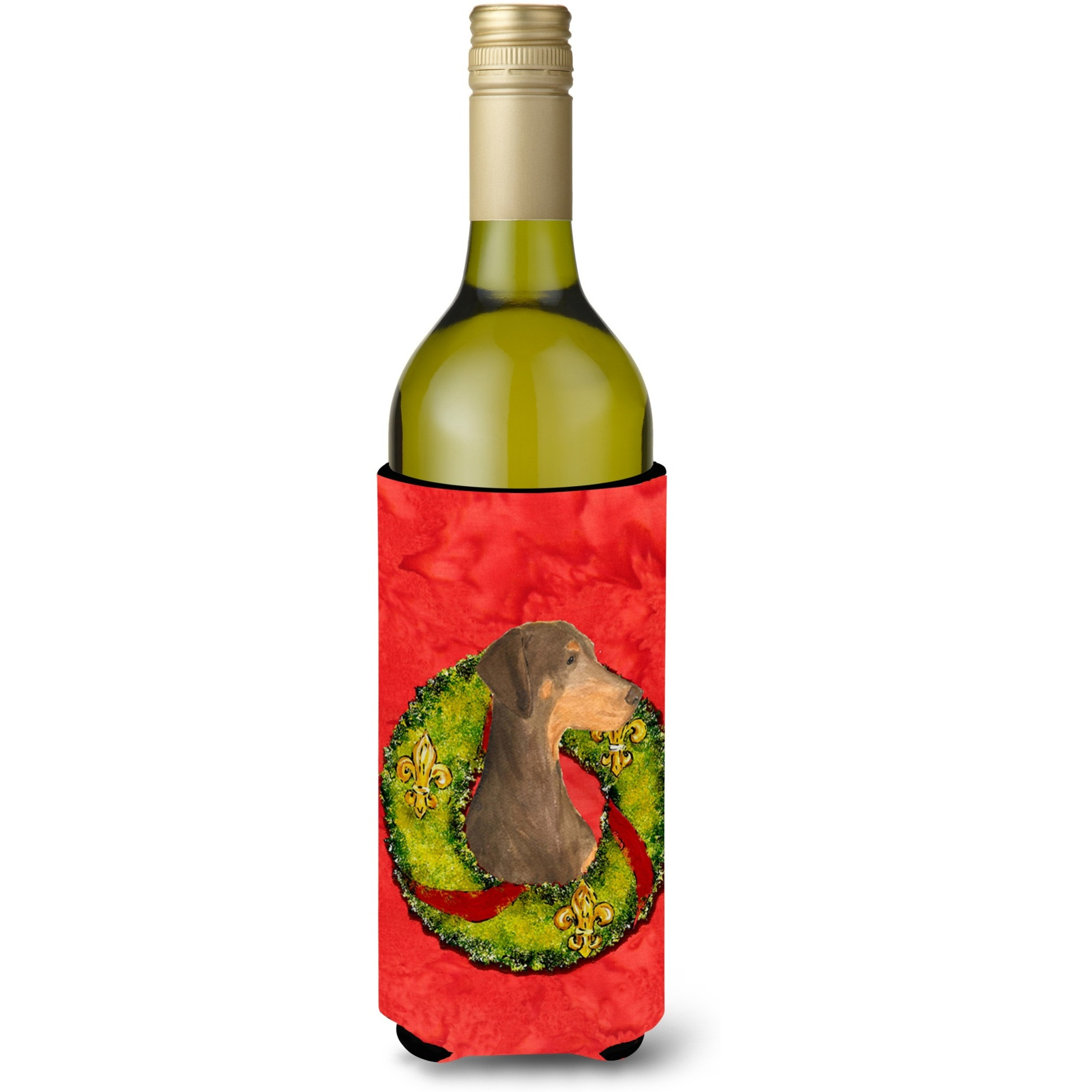 Doberman Cristmas Wreath Wine Bottle Beverage Insulator Beverage Insulator Hugger