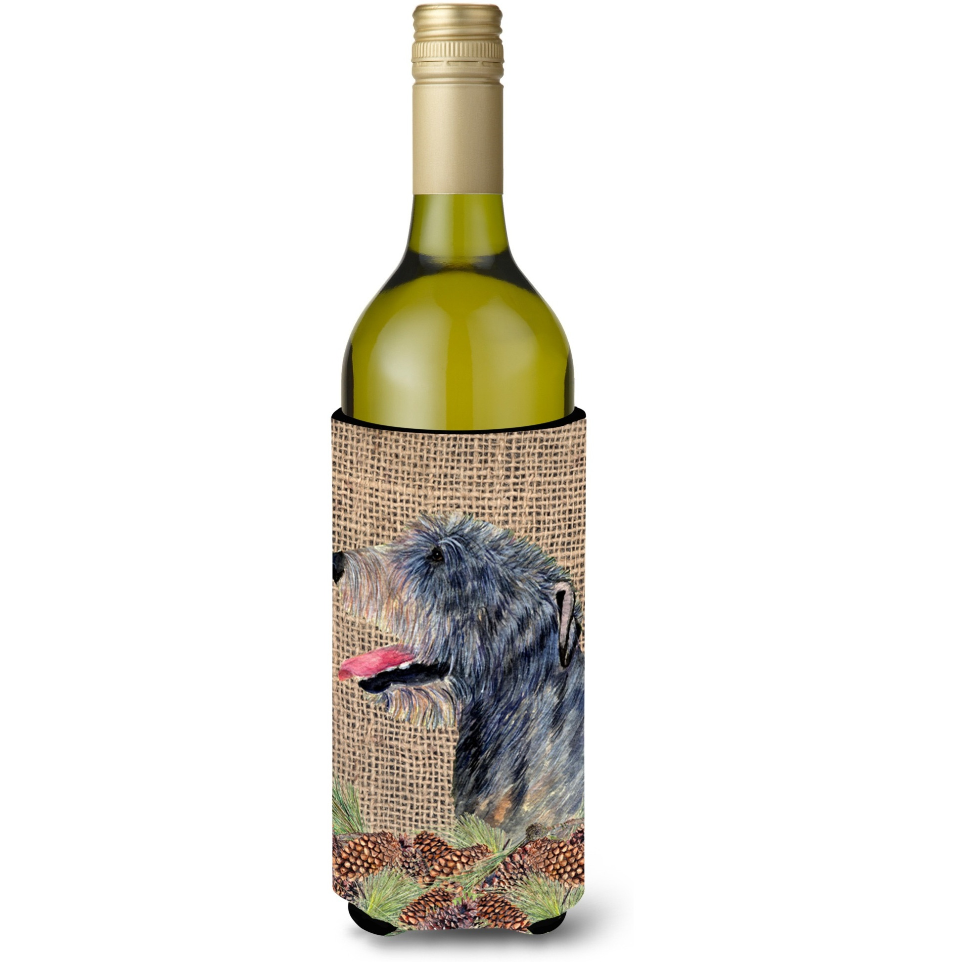 Irish Wolfhound on Faux Burlap with Pine Cones Wine Bottle Beverage Insulator Beverage Insulator Hugger